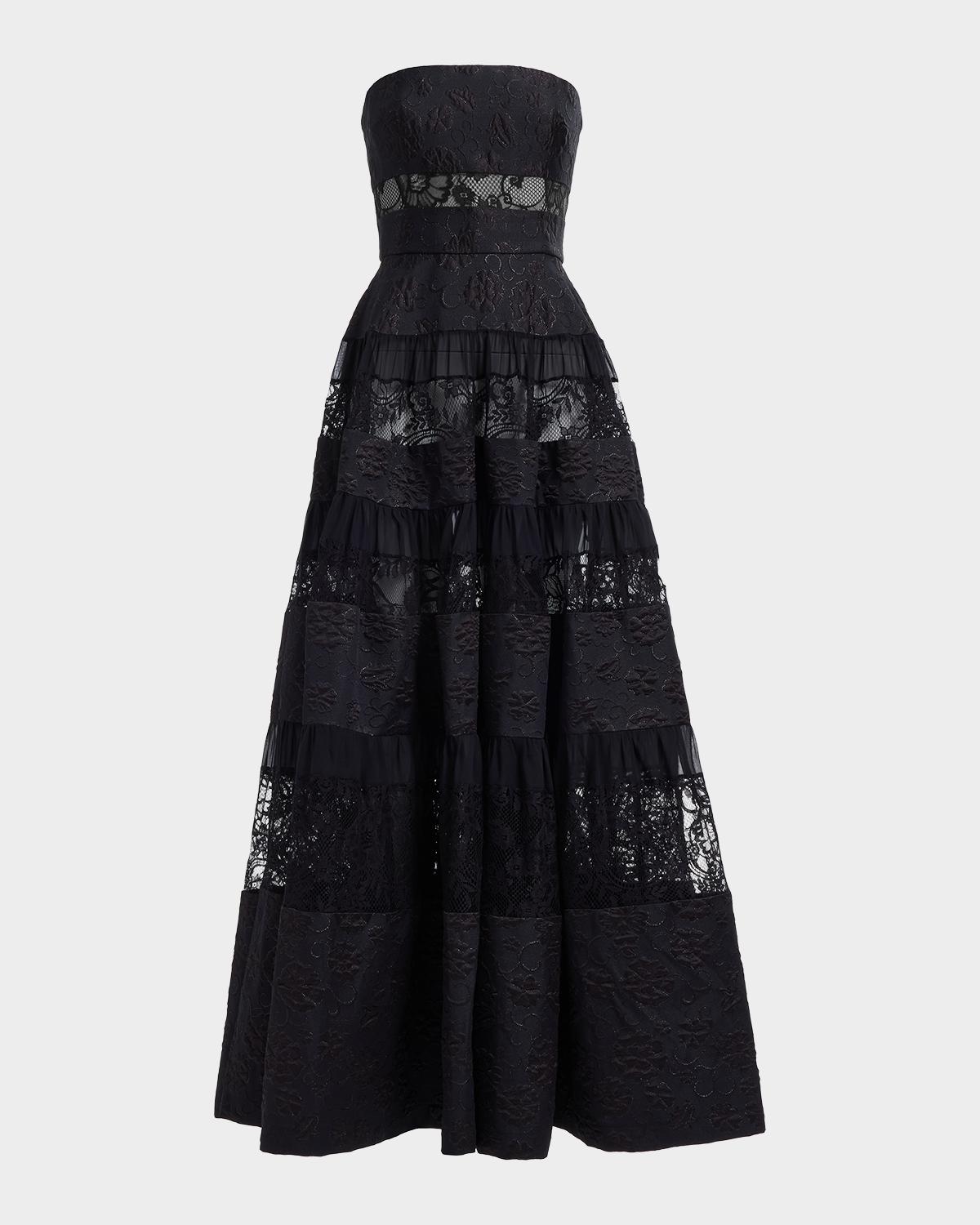 Elie Saab Strapless Floral Brocade Tiered Lace-inset Gown In Black Bk00