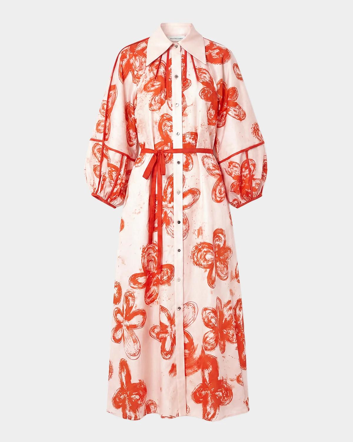 LOVEBIRDS Aster Printed Silk Tie-Waist Midi Shirtdress
