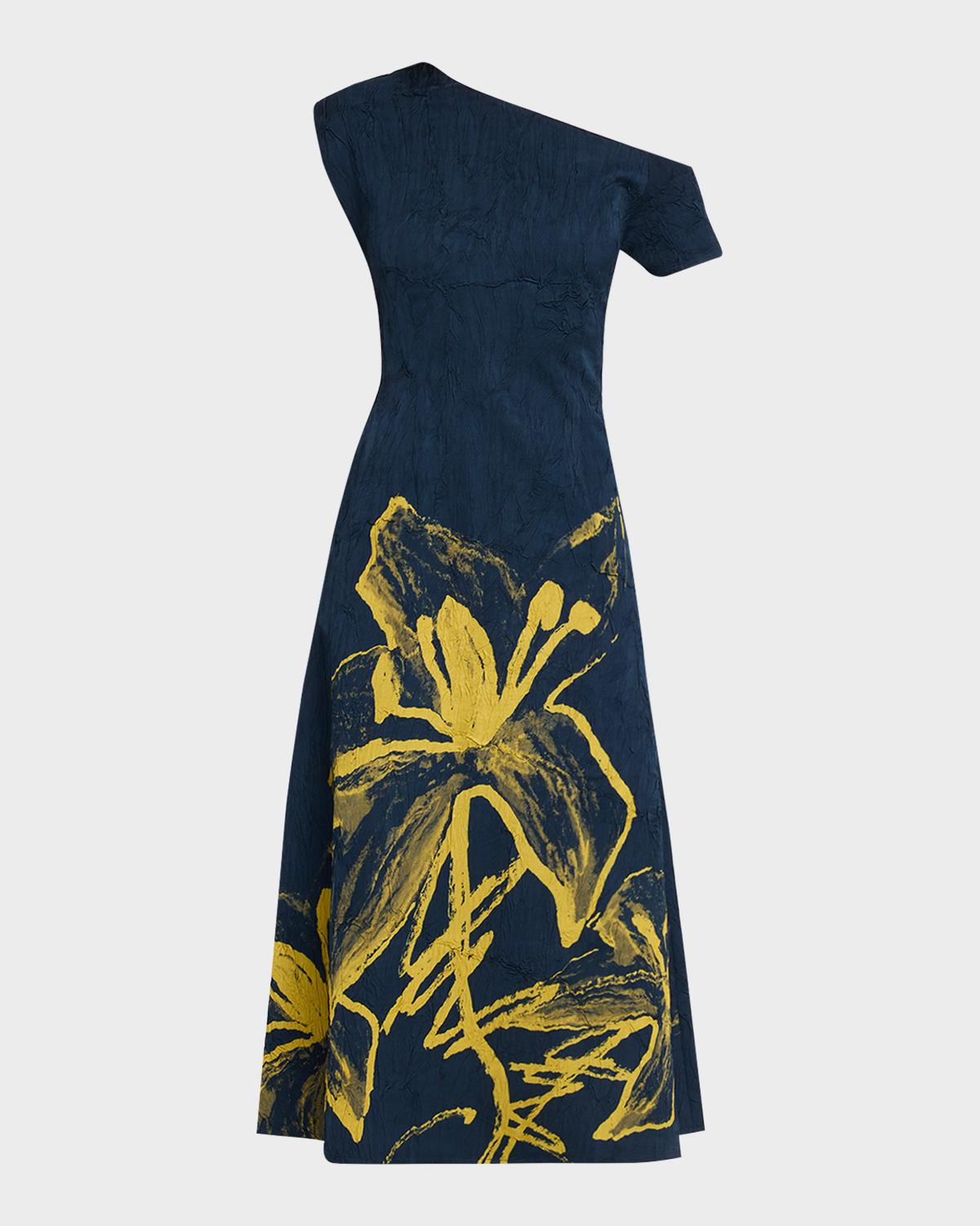 LOVEBIRDS Mavi One-Shoulder Crinkled Floral Midi Dress