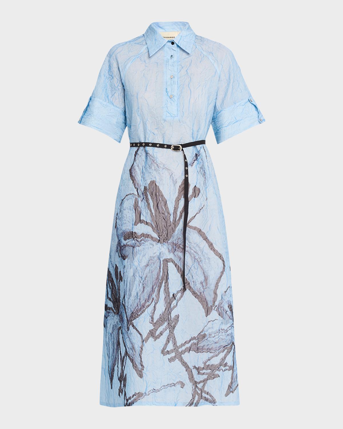 LOVEBIRDS Serenza Crinkled Floral-Print Silk Midi Shirtdress