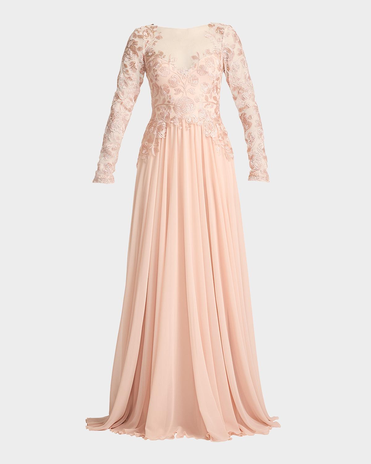 Tadashi Shoji Floral-Embroidered Tulle & Georgette Gown