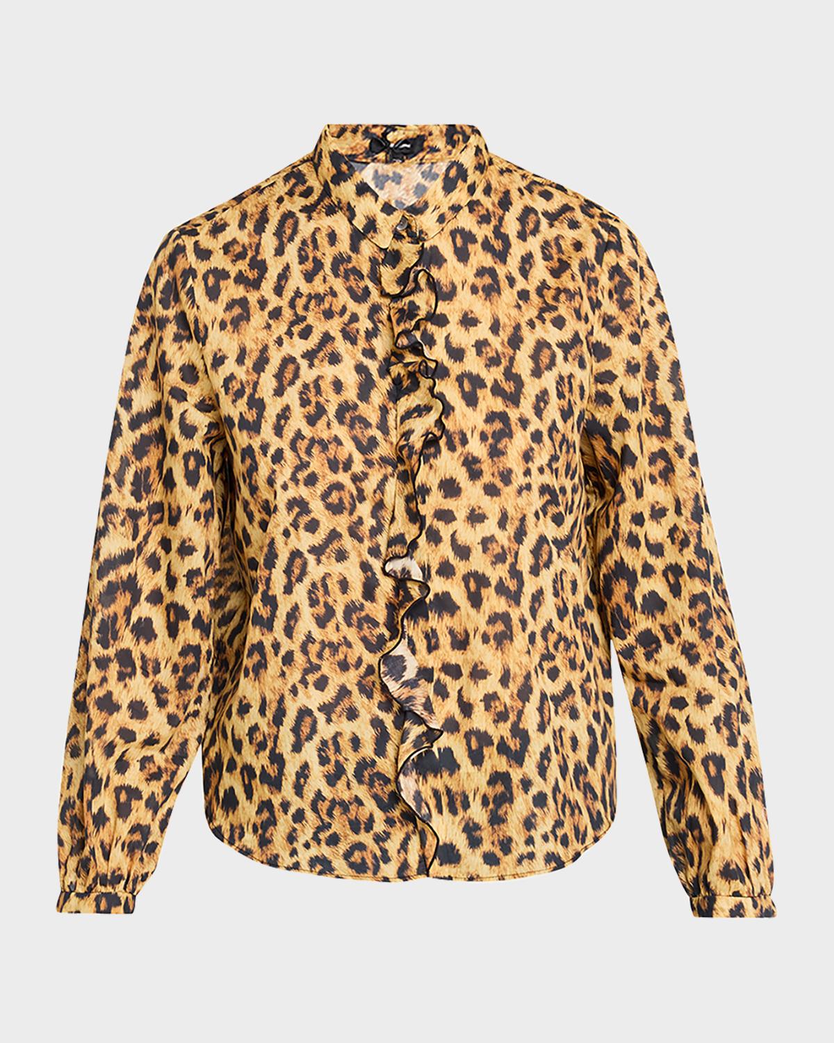 R13 Leopard-Print Cotton Ruffle Blouse