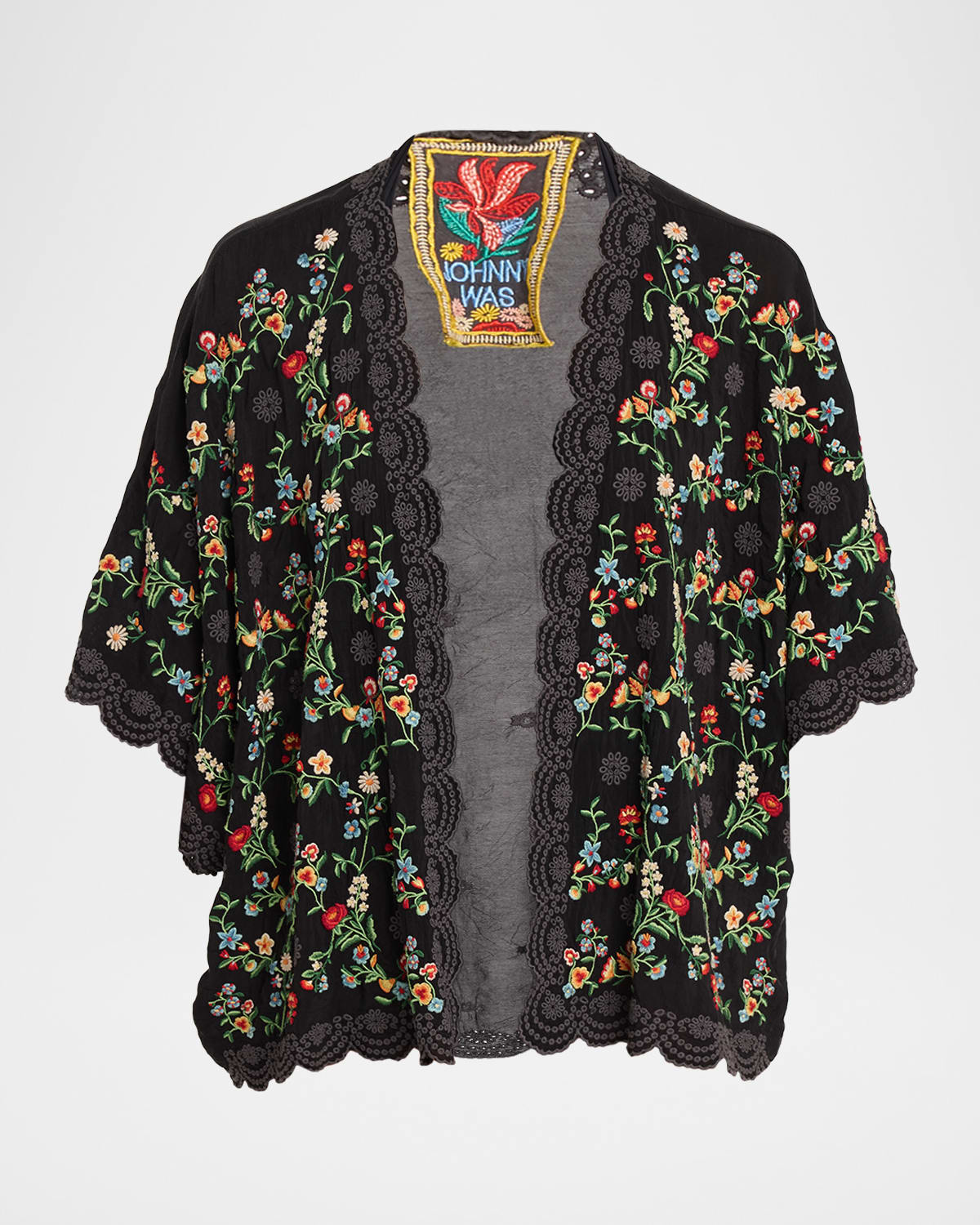 Johnny Was Roseum Floral-embroidered Short Kimono In Black