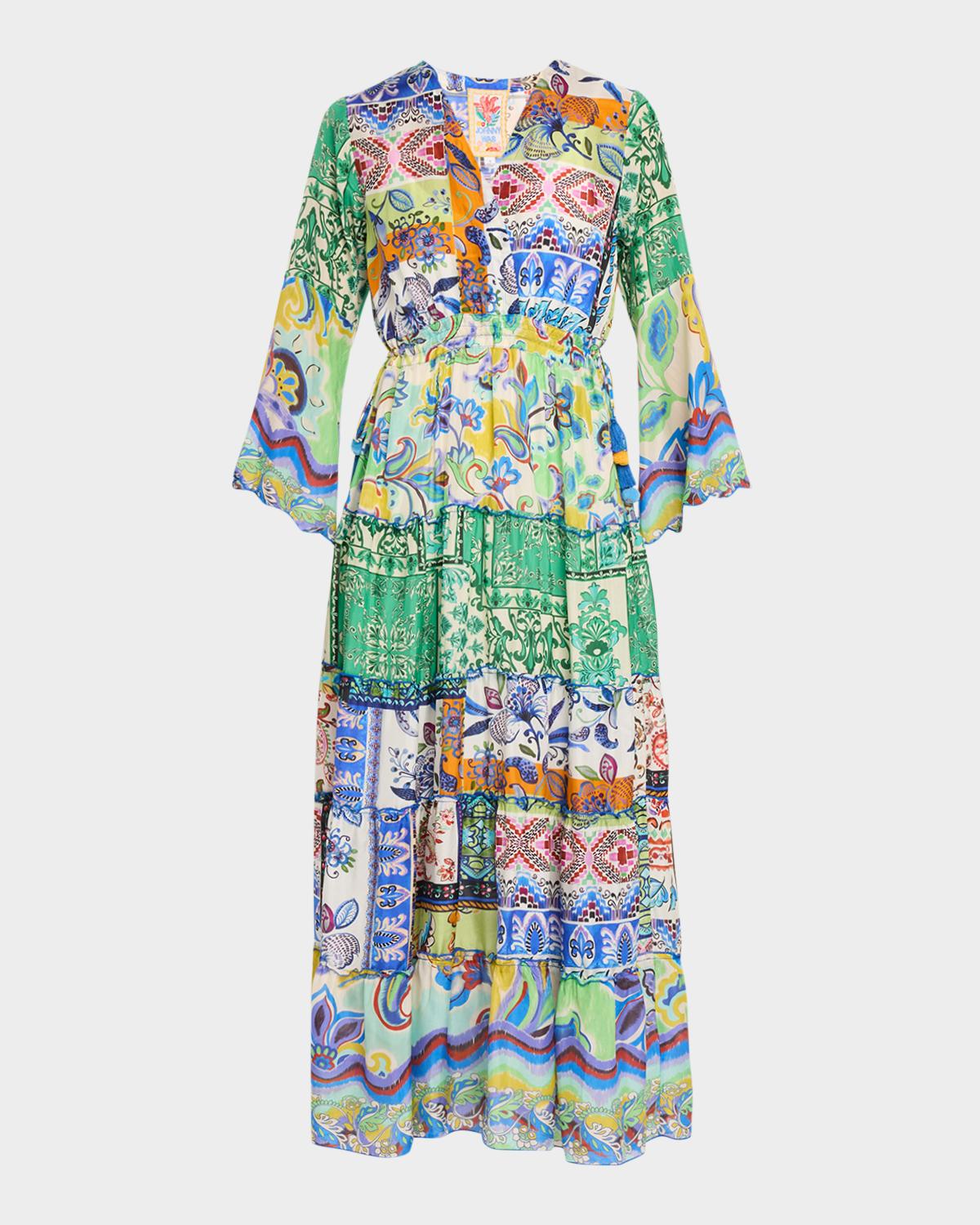 Johnny Was Tiered Patchwork-Print Silk Maxi Dress