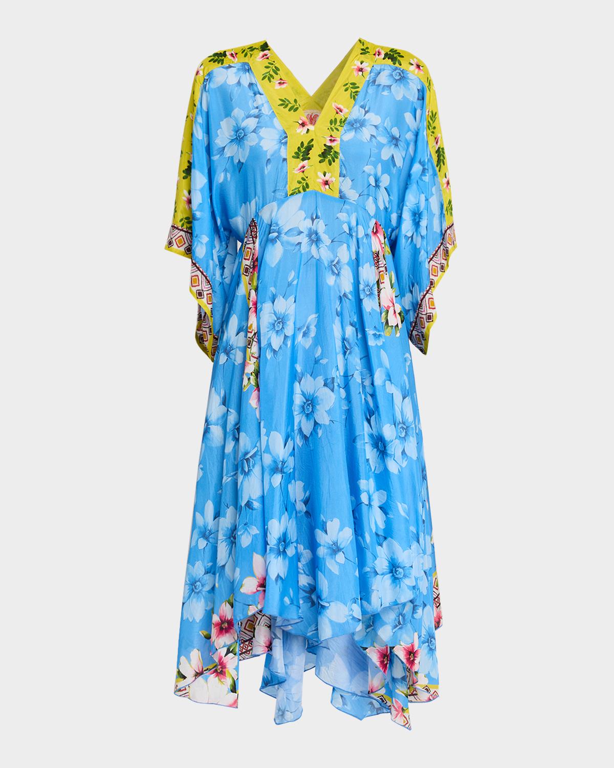 Johnny Was Floral-Print Silk Handkerchief Midi Dress