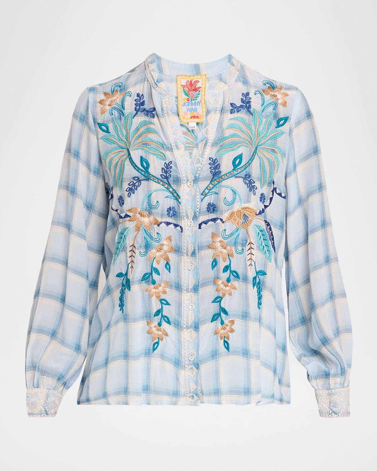 Johnny Was Embroidered Check Silk Relaxed Button-Down Shirt