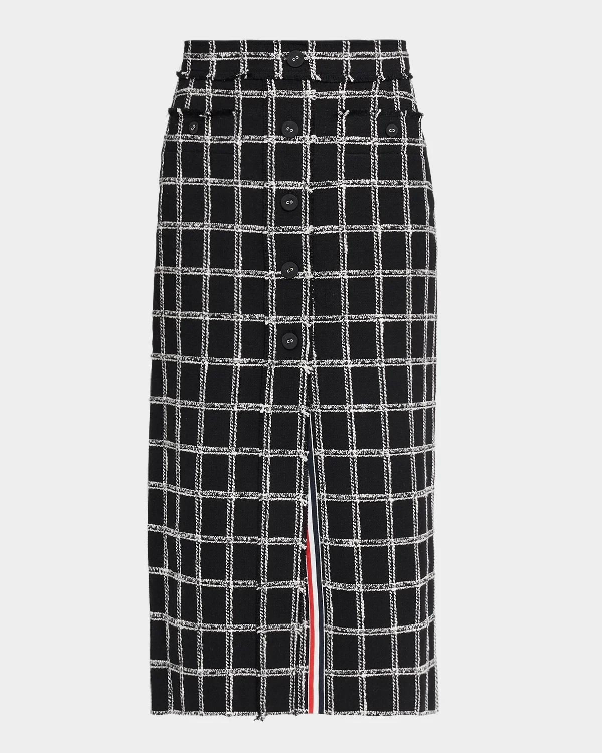 Thom Browne Windowpane Tweed Frayed Button-Front Midi Skirt