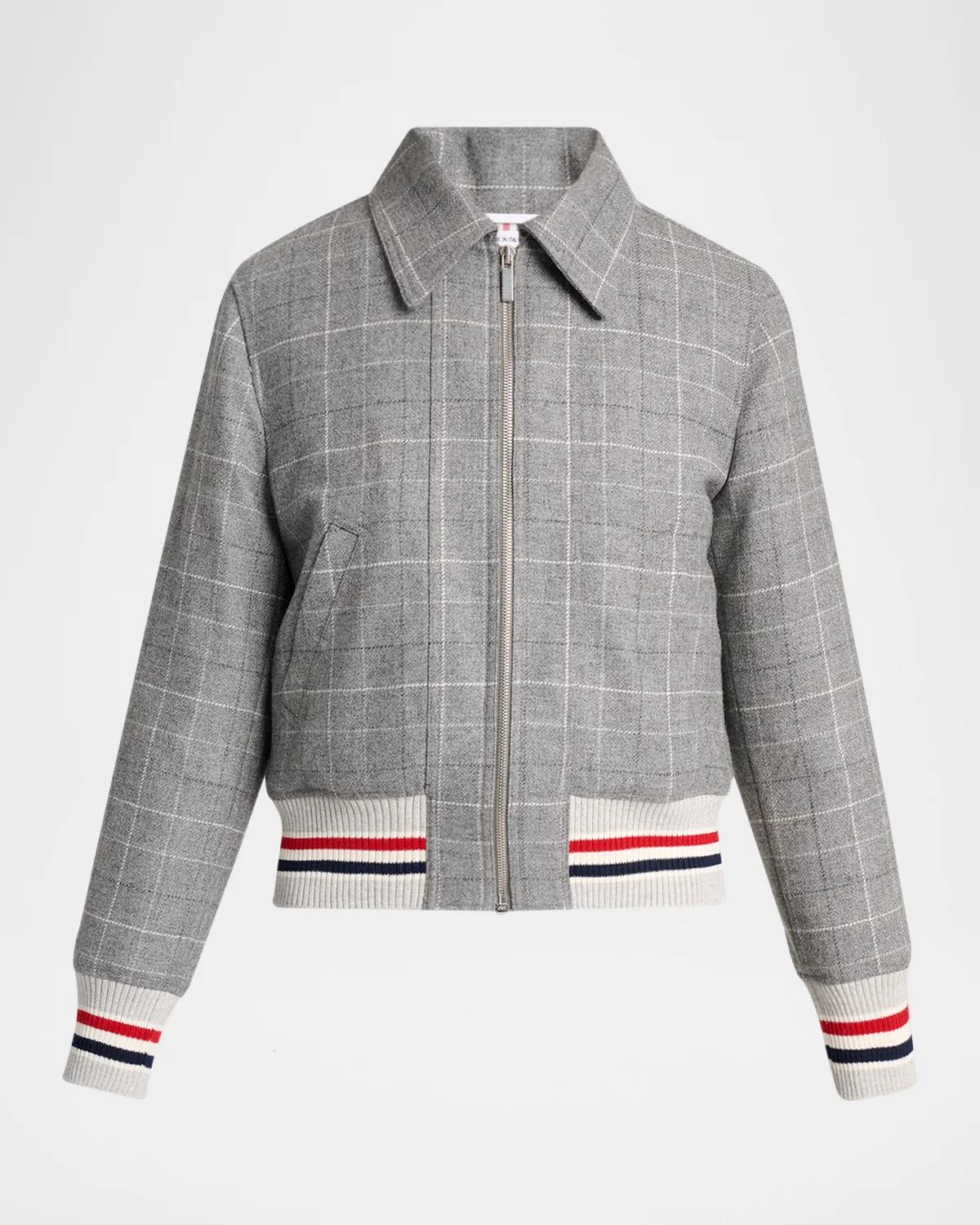 Windowpane Check Wool Zip Jacket With Stripe Trim