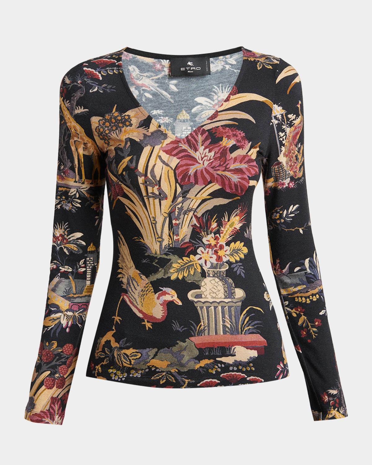 Etro Floral-Print Long-Sleeve Jersey Top