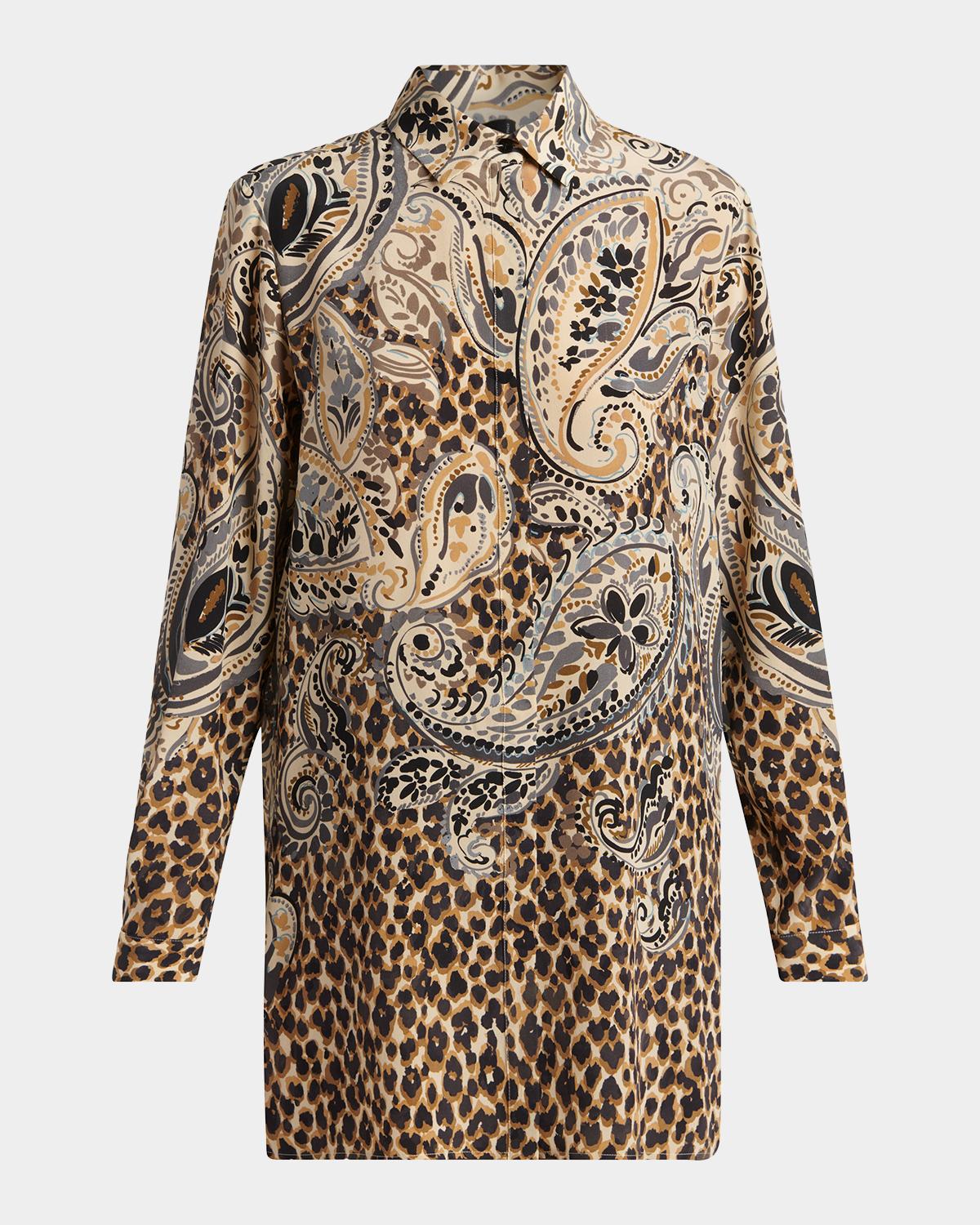 Etro Animal Paisley-Print Silk Tunic Shirt