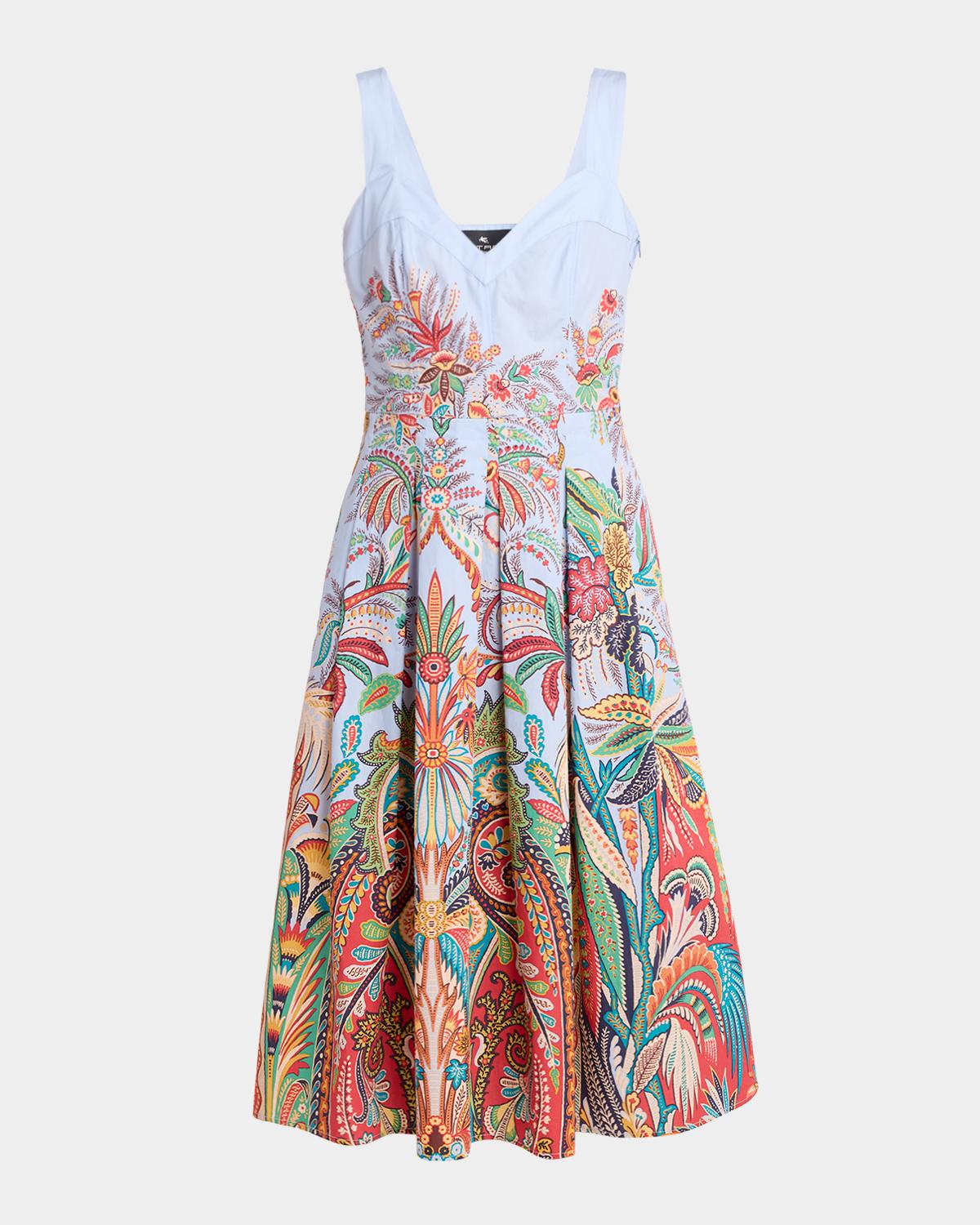 Etro Sleeveless Paisley-print Pleated Cotton Midi Dress In Printed Azul