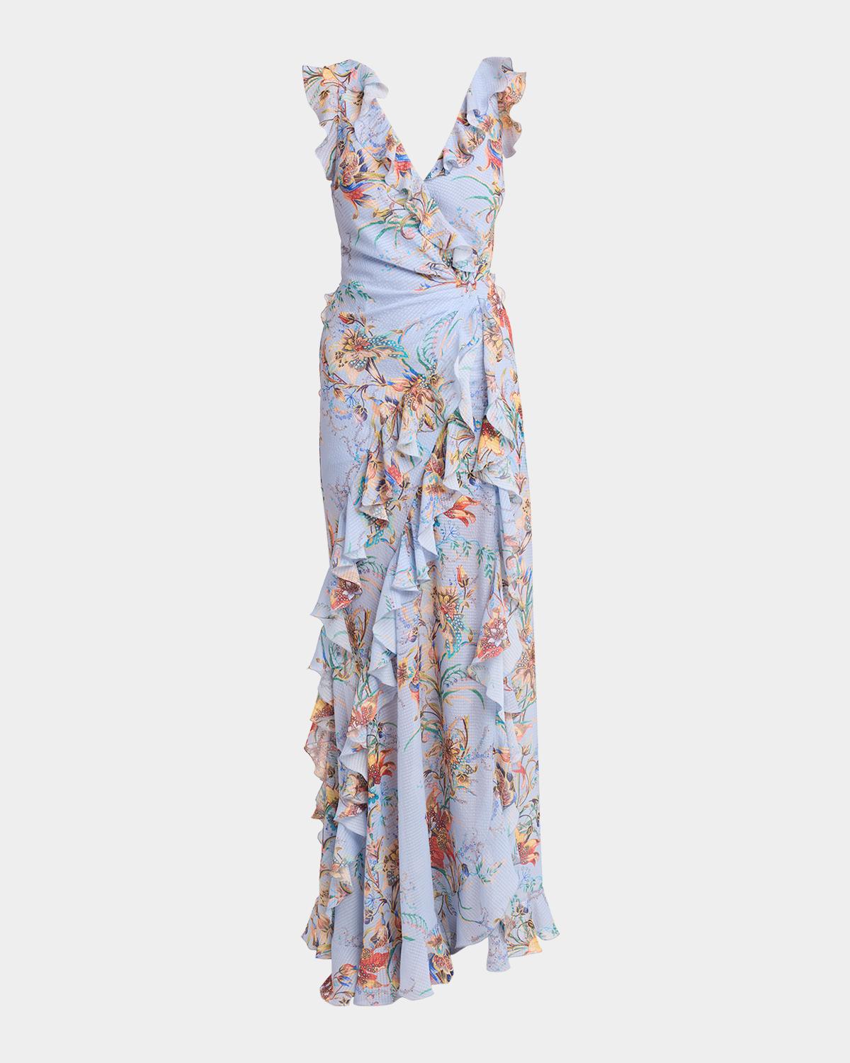 Etro Floral-print Seersucker Ruffled Slit Maxi Dress In Stampa Azul