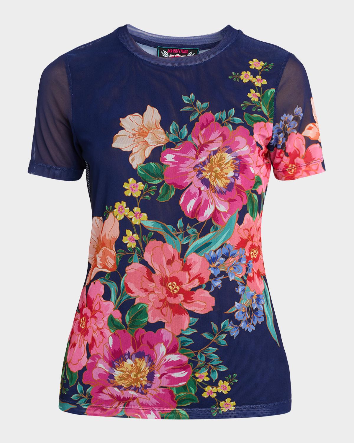 Johnny Was Eleanor Floral-Print Crewneck Mesh Tee