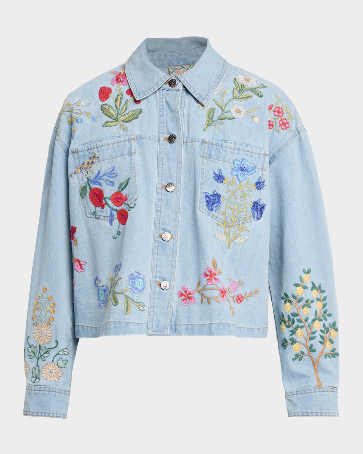 Johnny Was Beatrix Floral-embroidered Cotton Denim Jacket In Blue