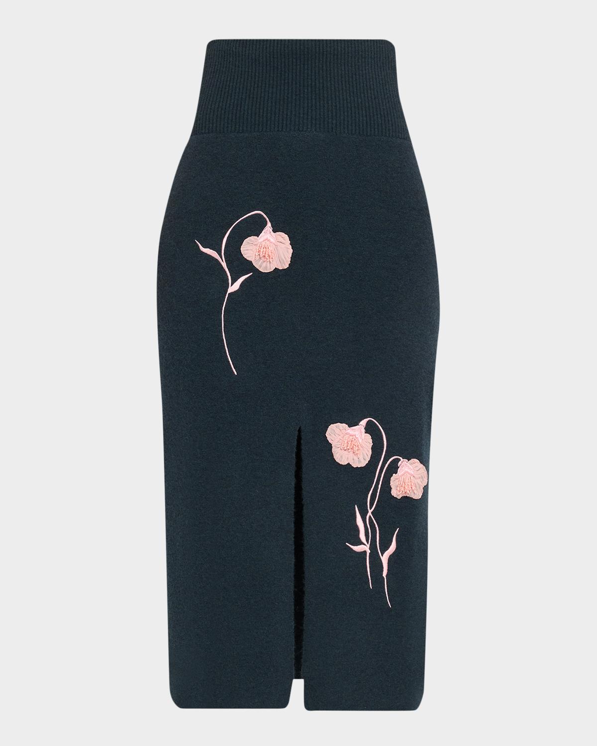 Erdem Embroidered Wool Knit Midi Pencil Skirt