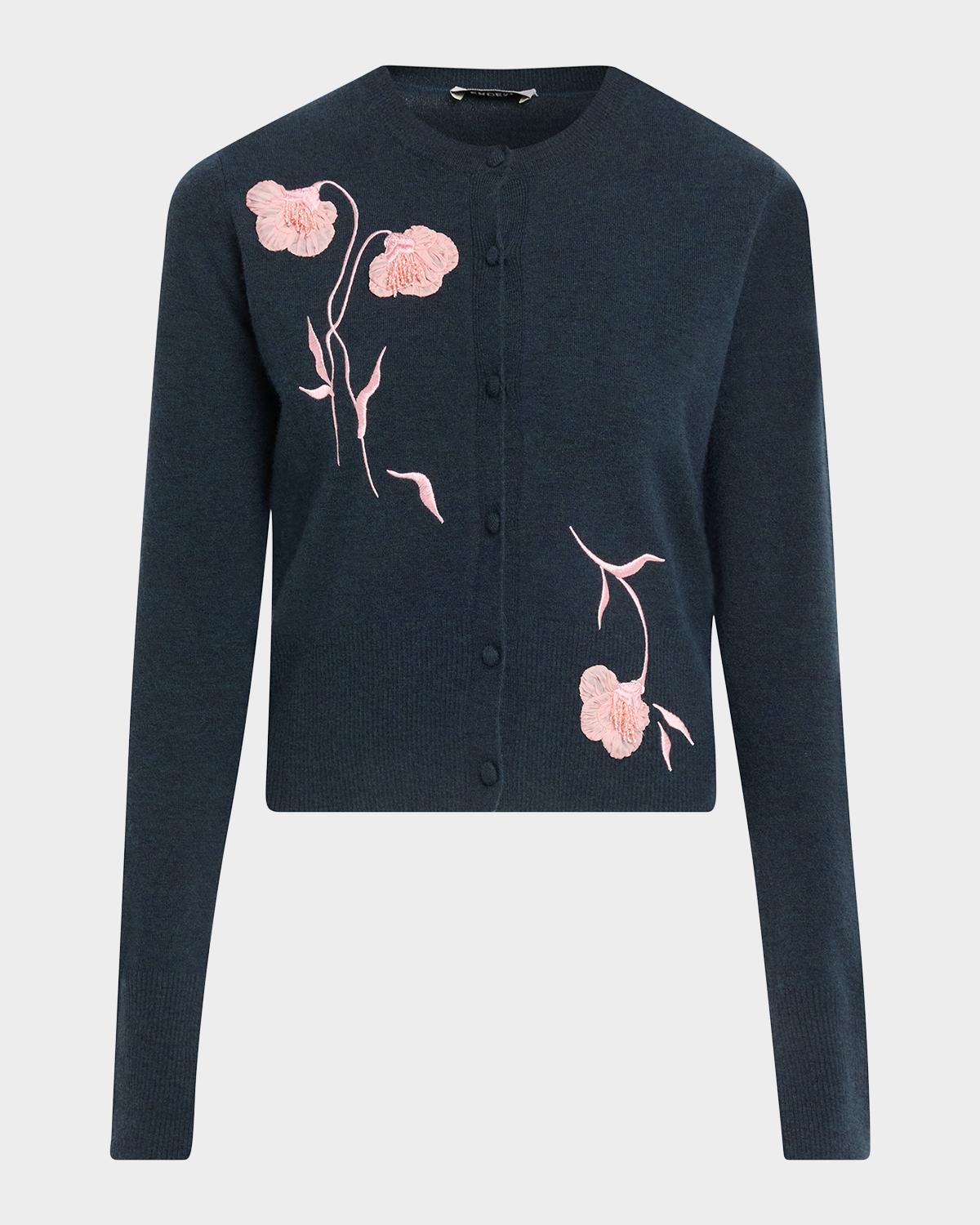 Erdem Flower Embroidered Cashmere-Wool Crewneck Cardigan