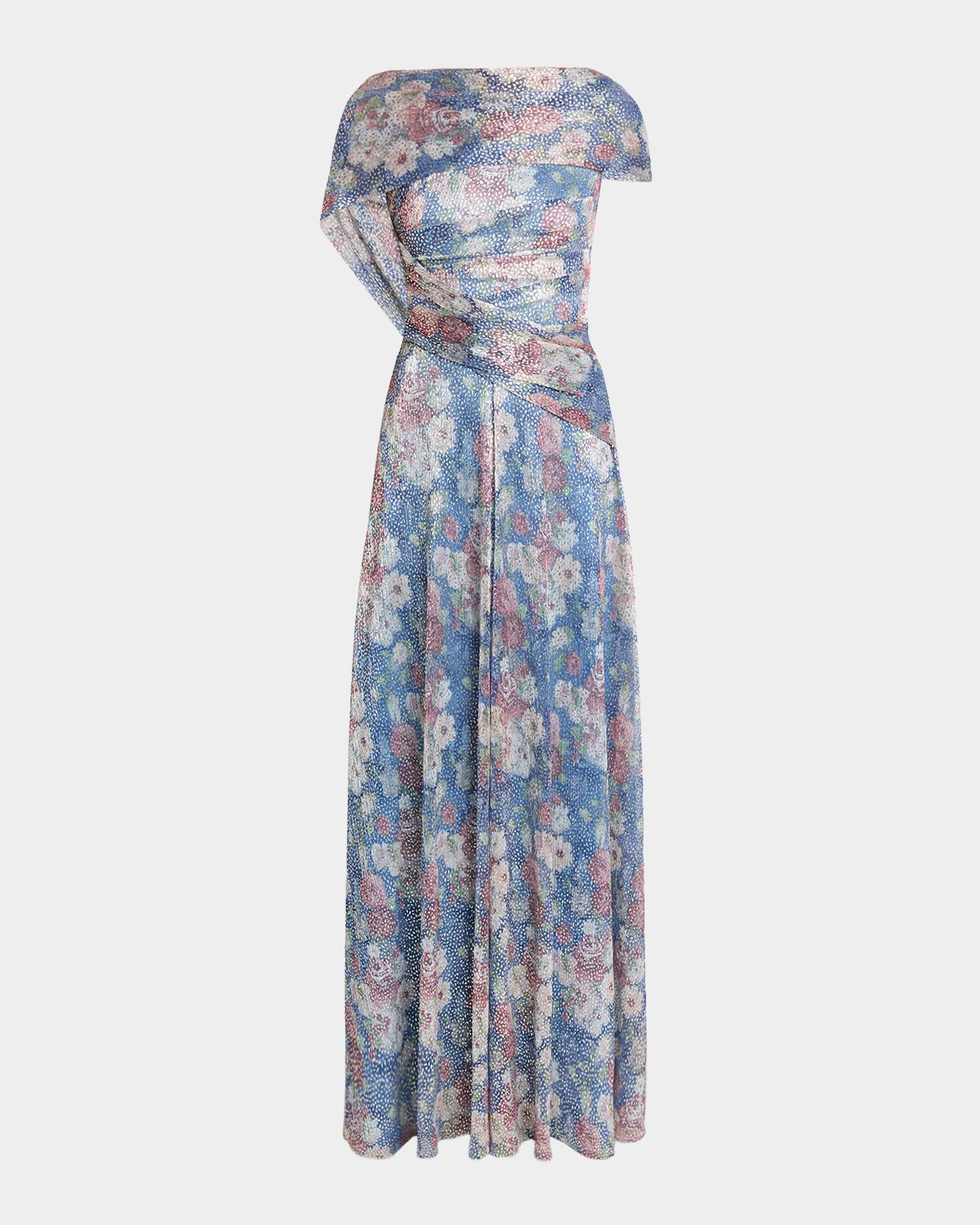 Talbot Runhof Metallic Floral Voile Draped Cap-Sleeve Evening Gown