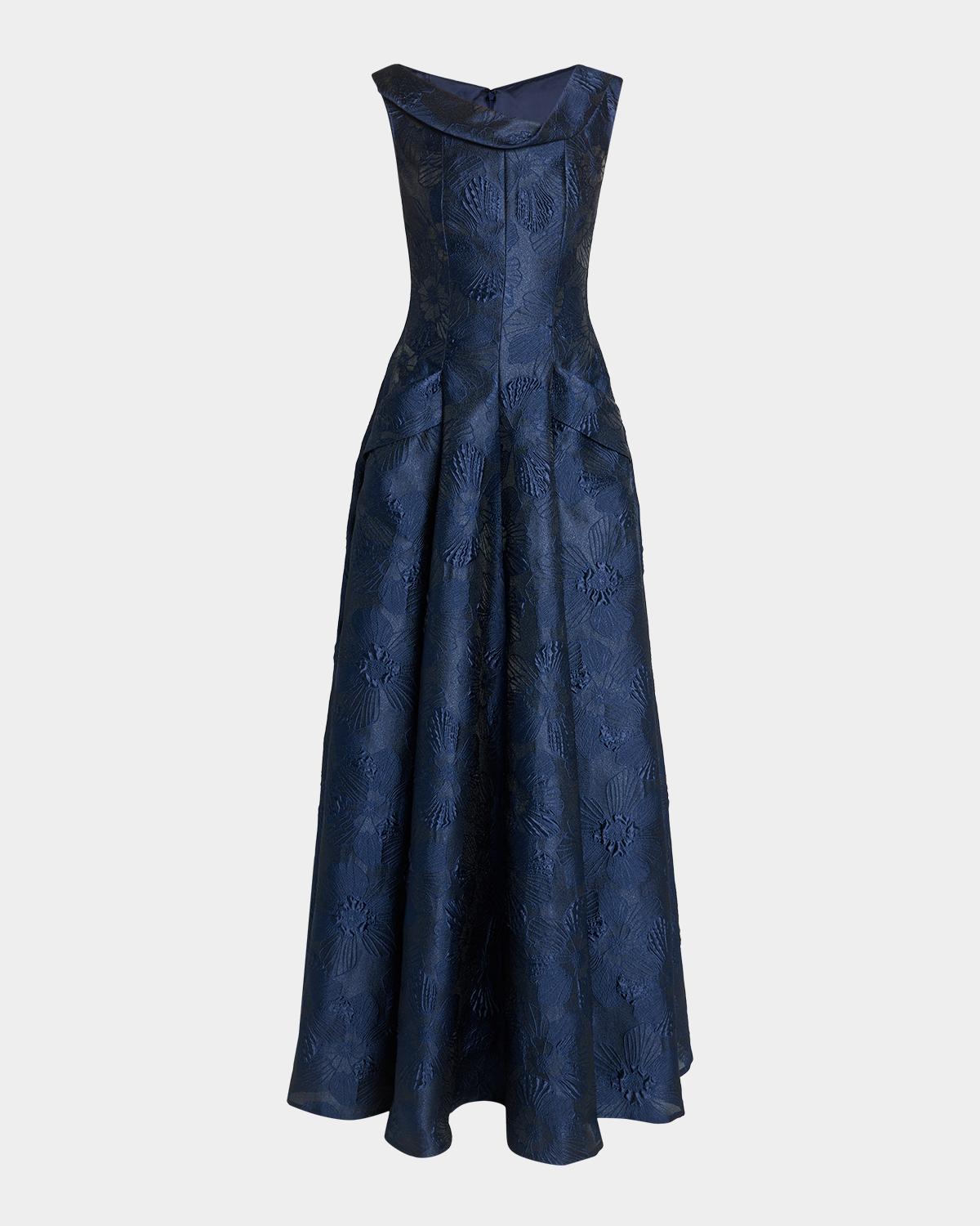 Talbot Runhof Twisted Collar Anemone Jacquard Sleeveless Gown