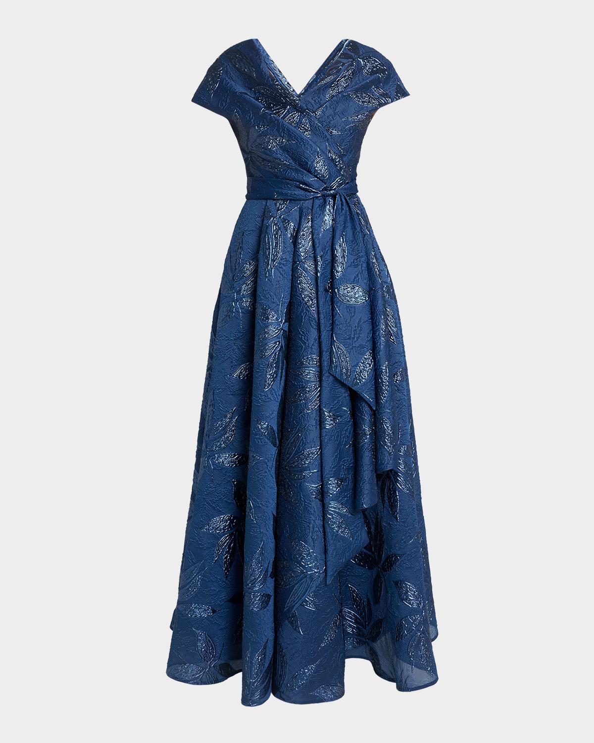 Talbot Runhof Draped Metallic Peony Jacquard Cap-Sleeve Gown