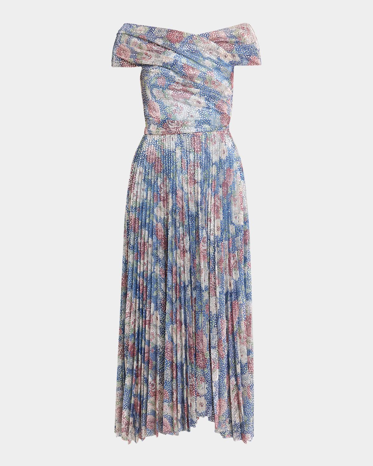 Talbot Runhof Off-The-Shoulder Metallic Floral Voile Pleated Midi Cocktail Dress