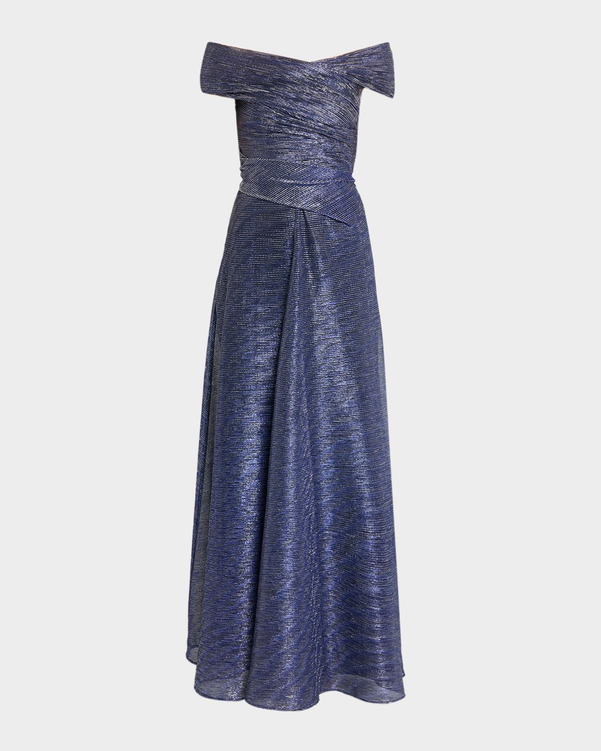Talbot Runhof Off-The-Shoulder Metallic Voile Long Dress