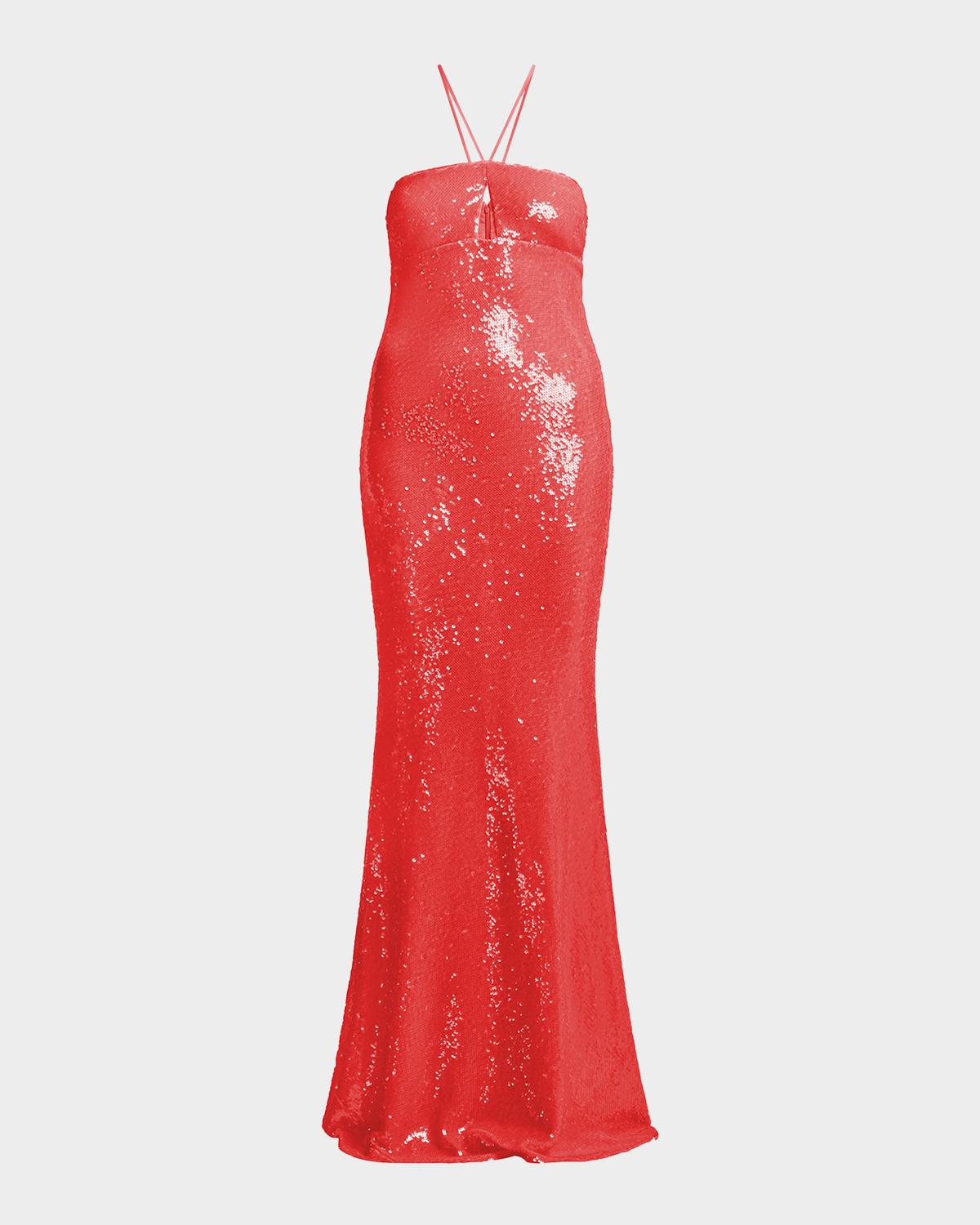 BCBGMAXAZRIA Colette Sequin Halter Column Gown