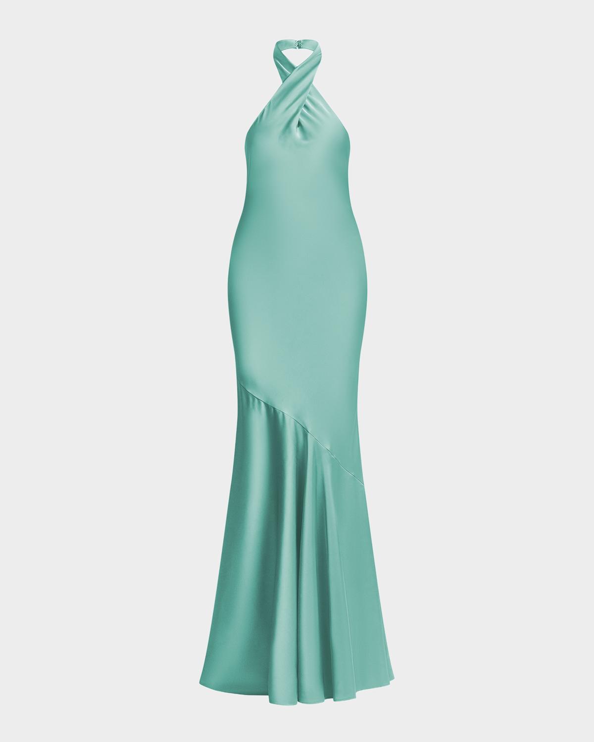 BCBGMAXAZRIA Evelyn Charmeuse Crossover Halter Gown