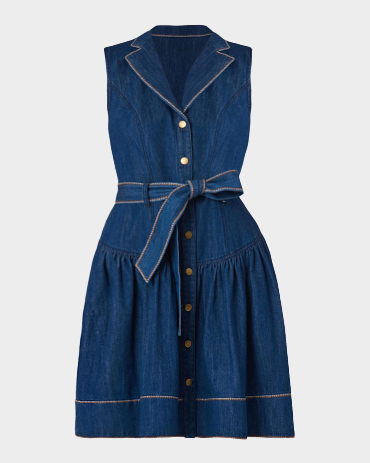Shoshanna Mae Sleeveless Flounce Cotton Denim Mini Dress