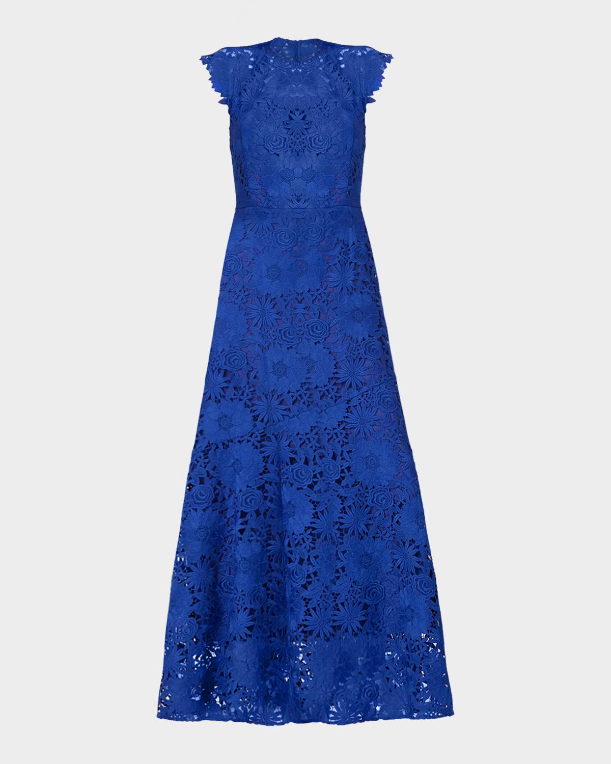 Shoshanna Raven Cap-Sleeve Floral Lace Gown