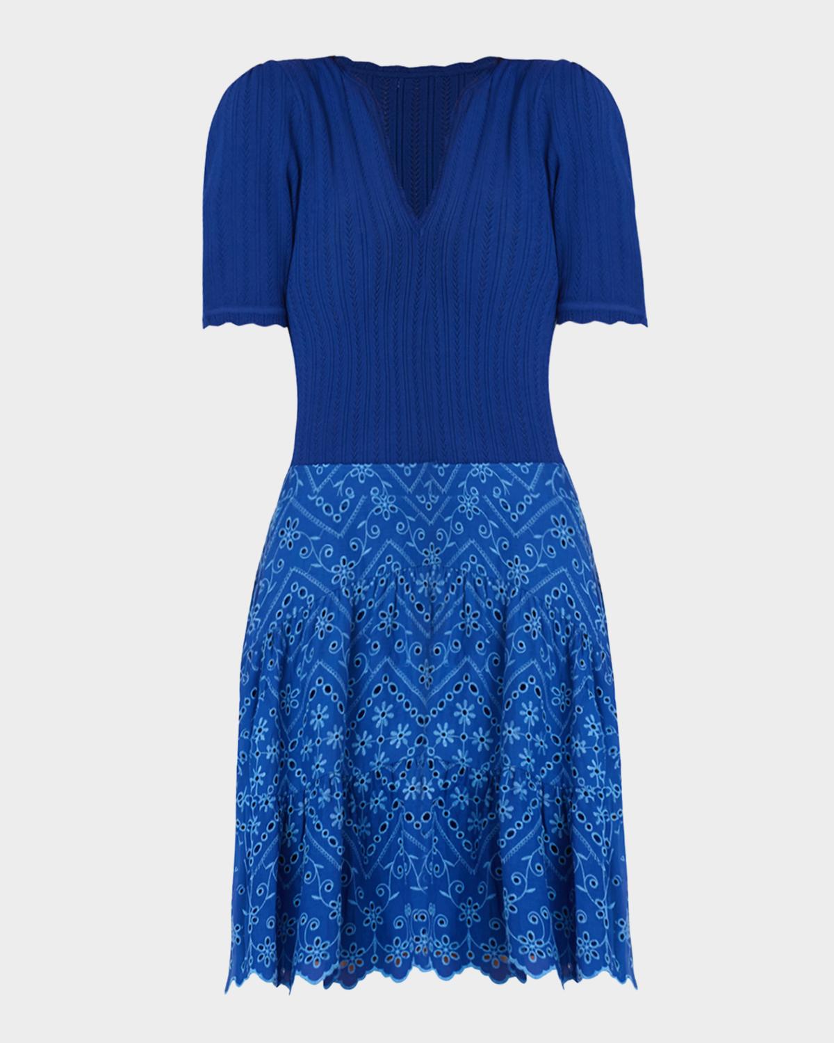 Shoshanna Fallon Eyelet-Embroidered Mixed Media Mini Dress