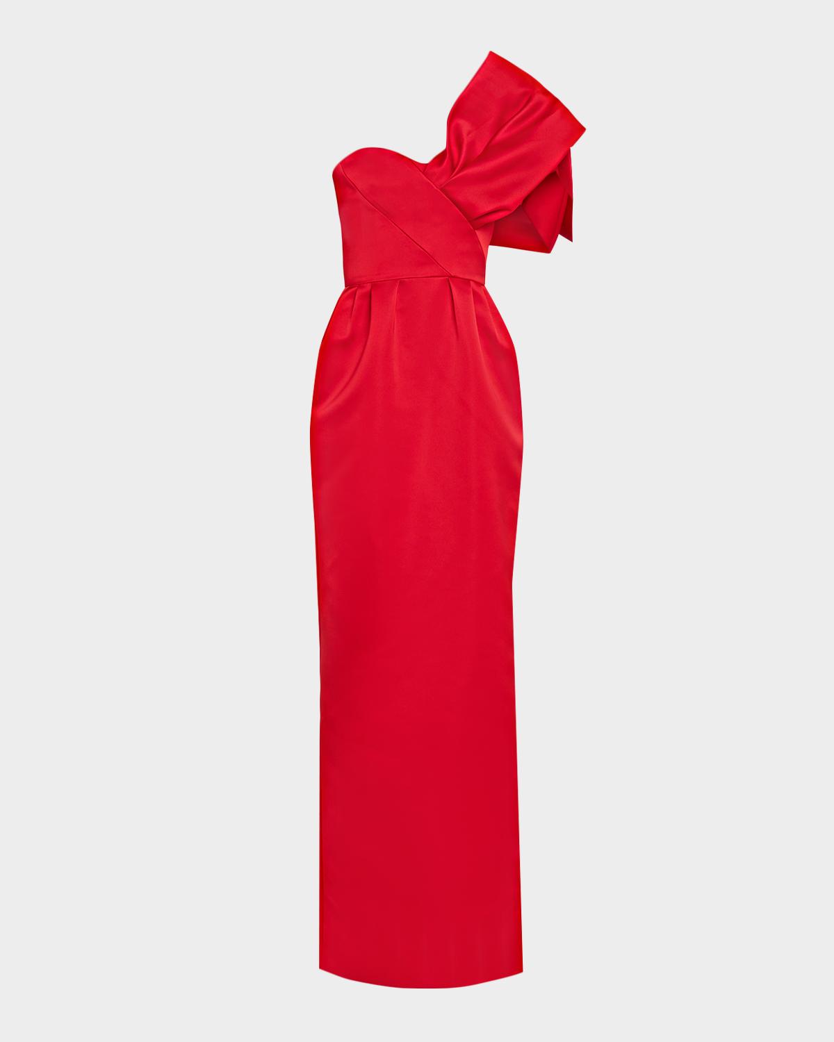Atelier Prabal Gurung One-Shoulder Bow Satin Column Gown