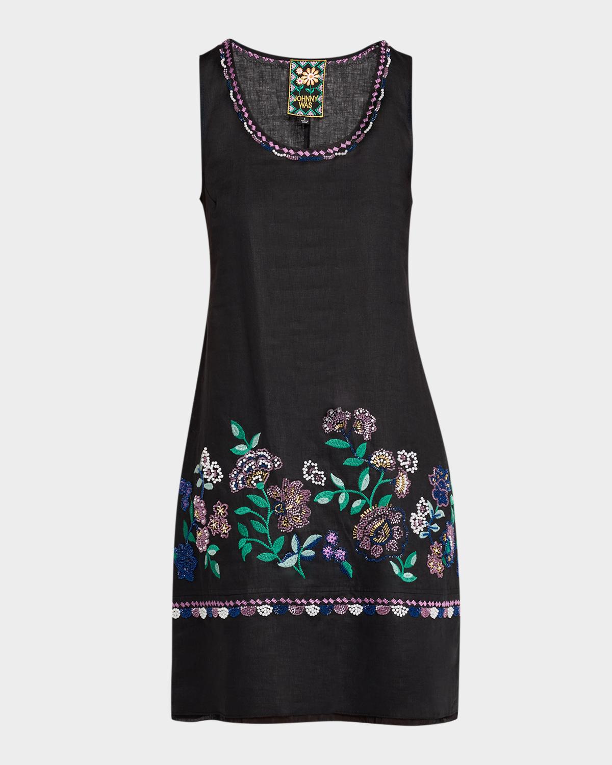 Johnny Was Beaded Floral-Embroidered Linen Tank Dress