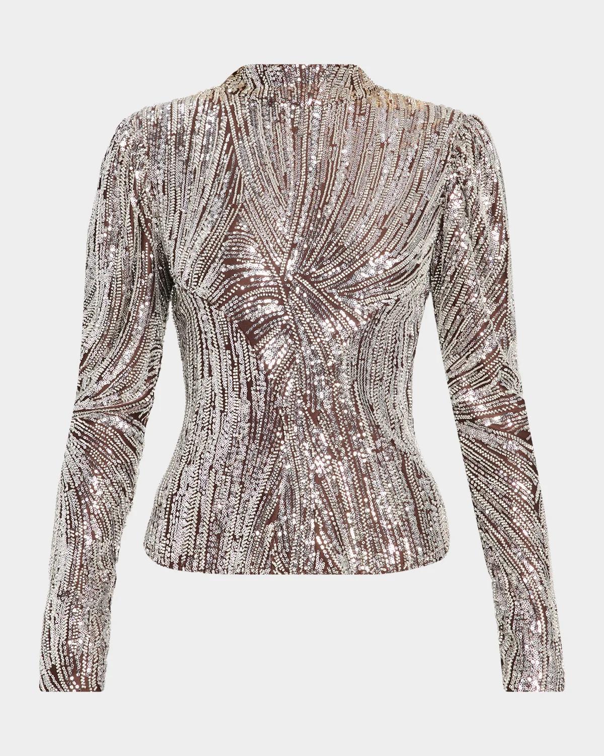 Rabanne Mock-Neck Embellished Satin Long-Sleeve Top