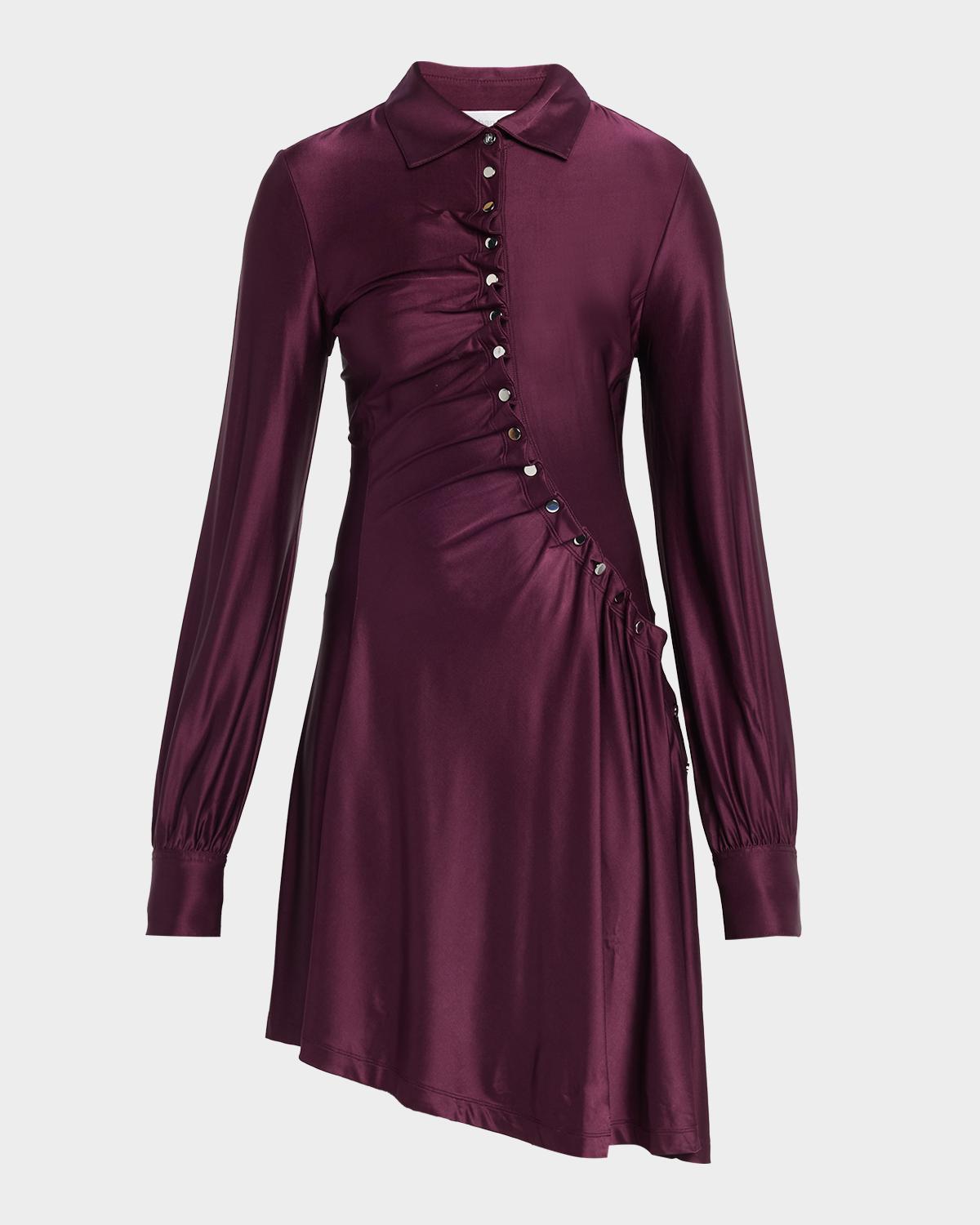 Rabanne Asymmetric Gathered Button Long-Sleeve Shirtdress