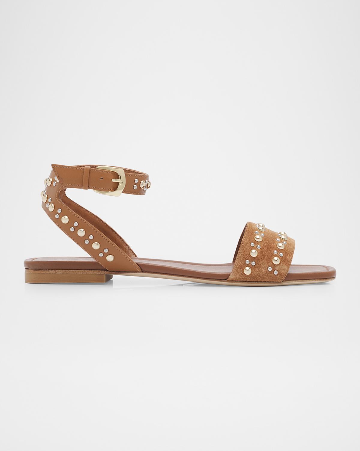 Perry Embellished Mixed Leather Flat Sandals