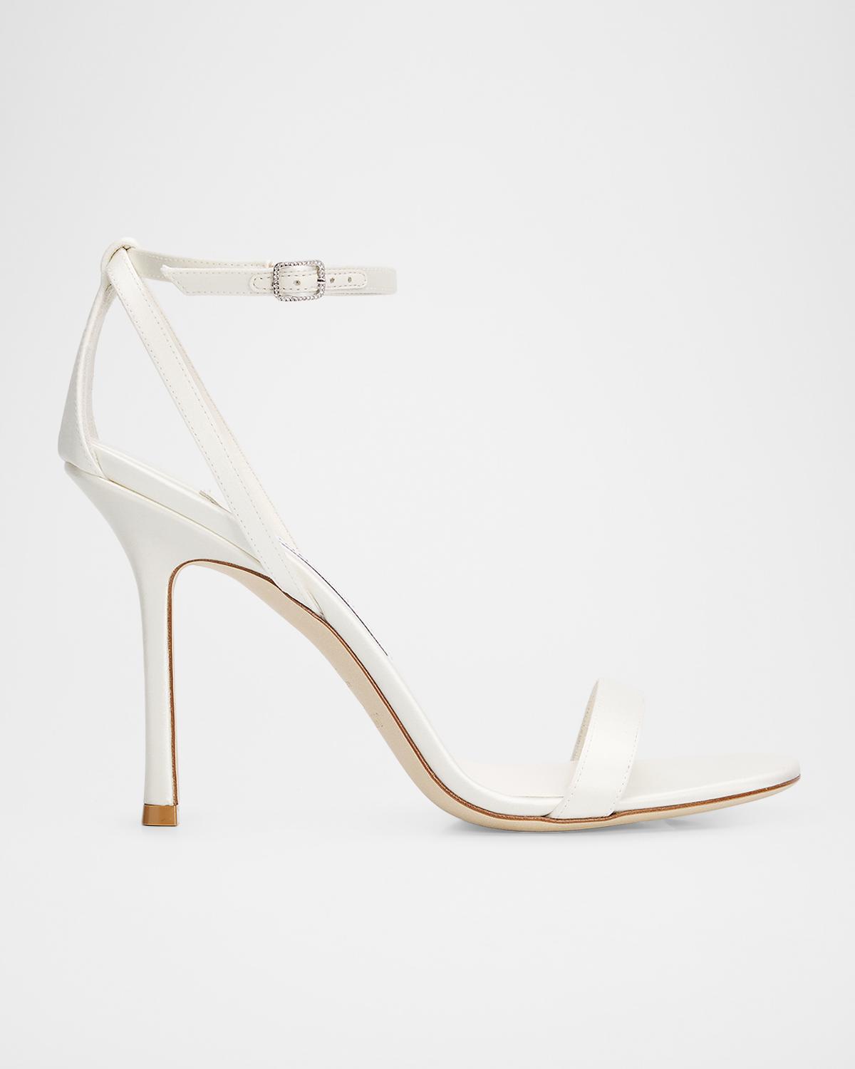 Jimmy Choo Moza 100mm Satin Sandals with Crystal-Embellished Buckle