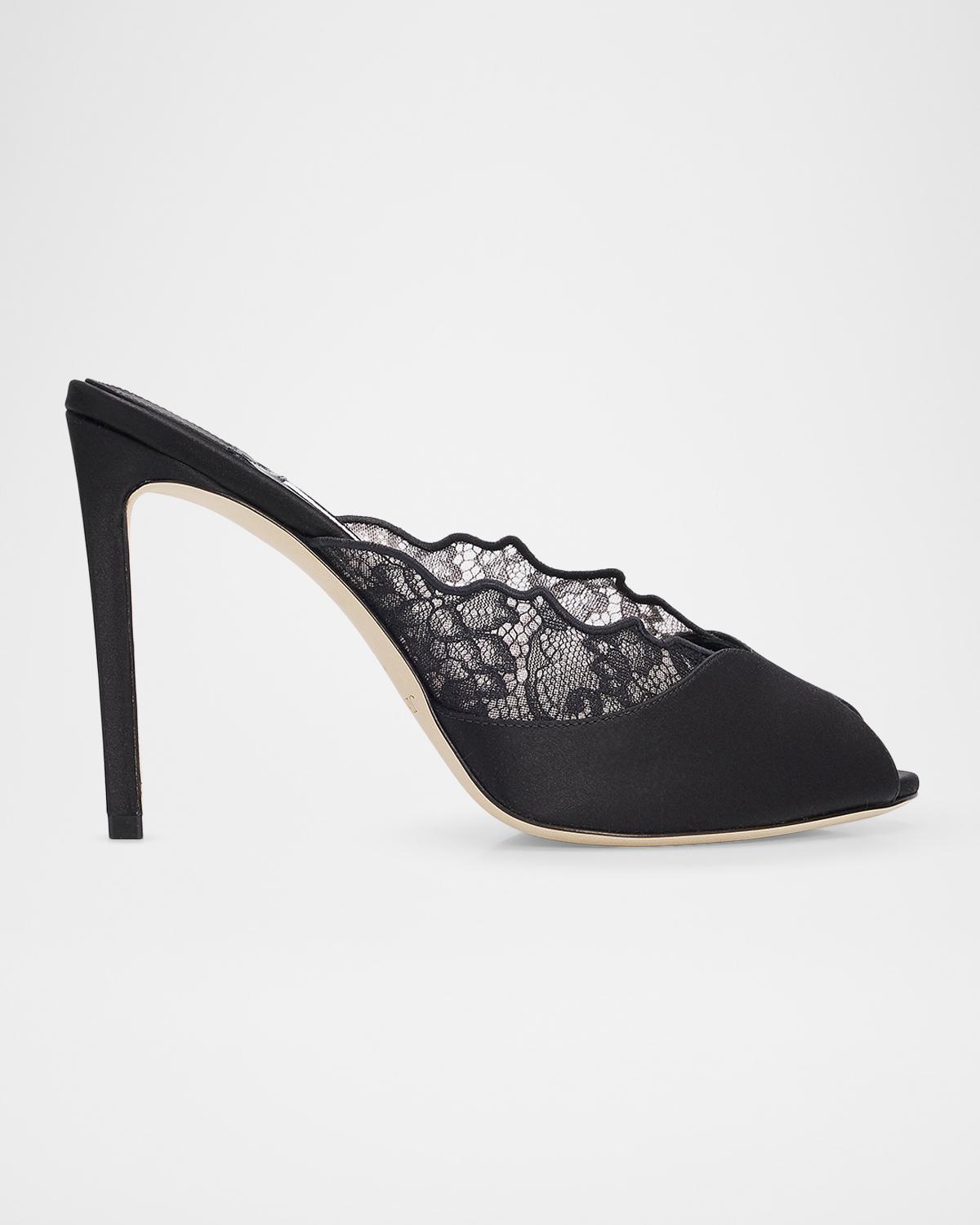 Jimmy Choo Brigitte 100mm Lace & Satin Peep-toe Mules In Black/blac