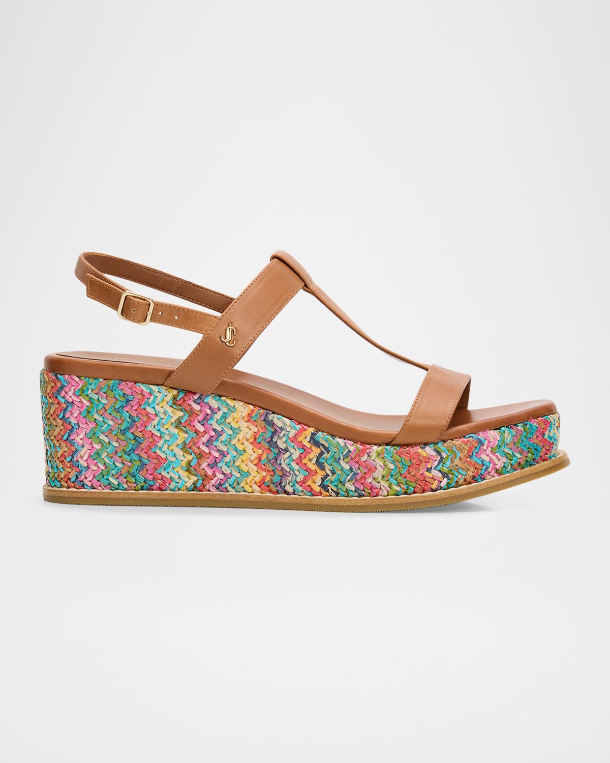 Jimmy Choo Theia 60mm Leather & Raffia Wedge Sandals