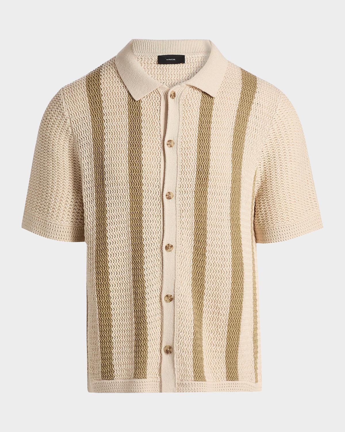 Men & apos;s Cotton Stripe Crochet Short-Sleeve Shirt