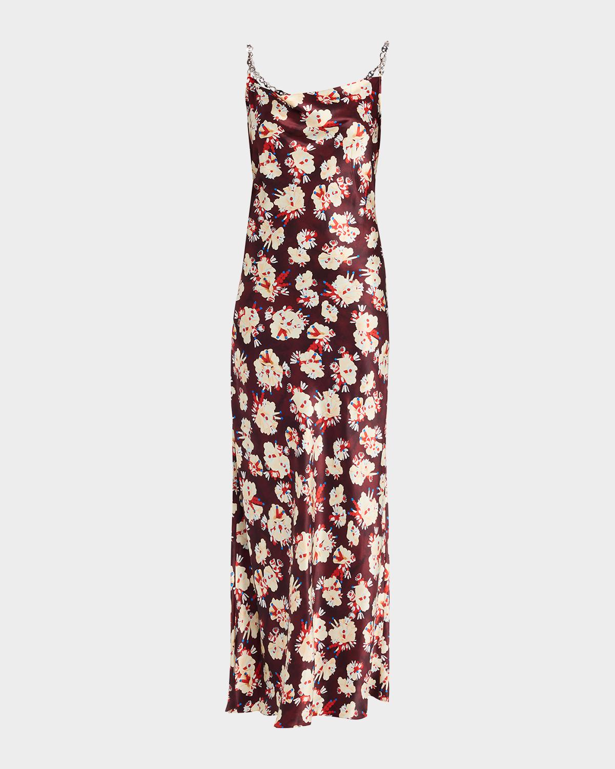 Rabanne Chain Cowl-Neck Floral Satin Maxi Slip Dress