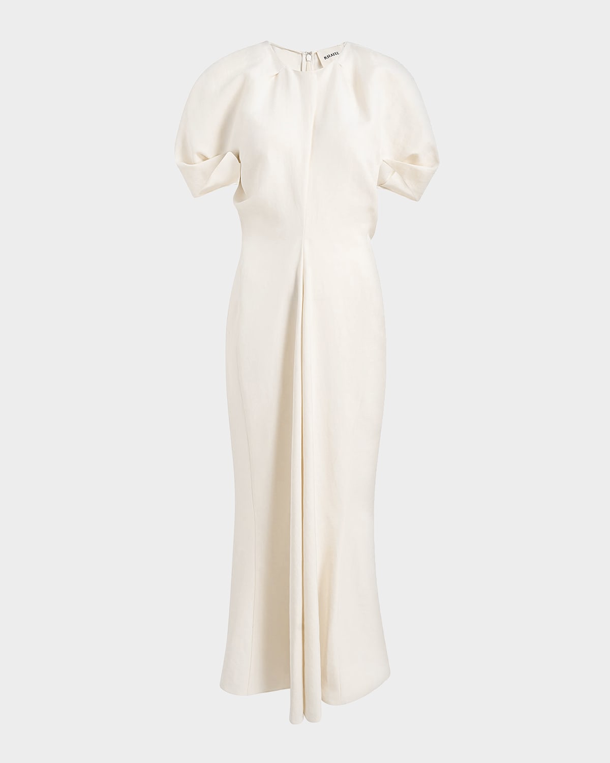 Khaite Ria Linen Draped-waist Puff-sleeve Midi Dress In Neutral