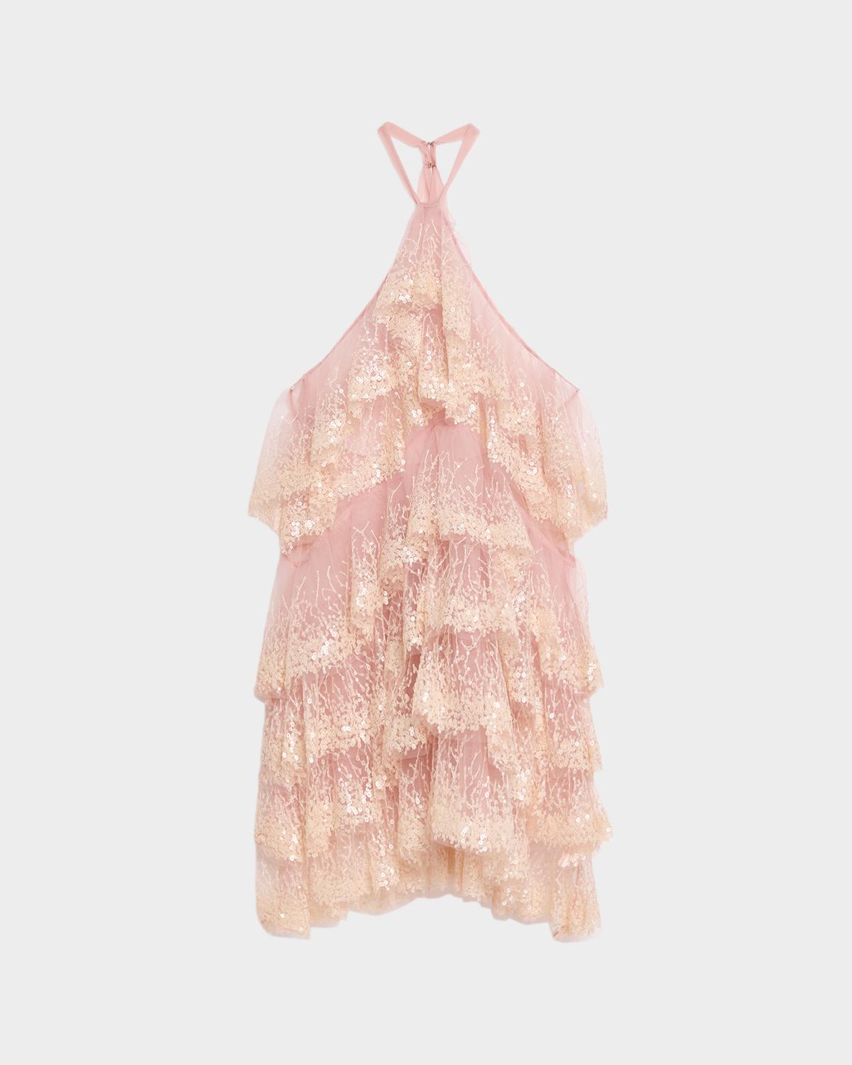 AKNVAS Angelica Sequined Ruffle Halter Dress