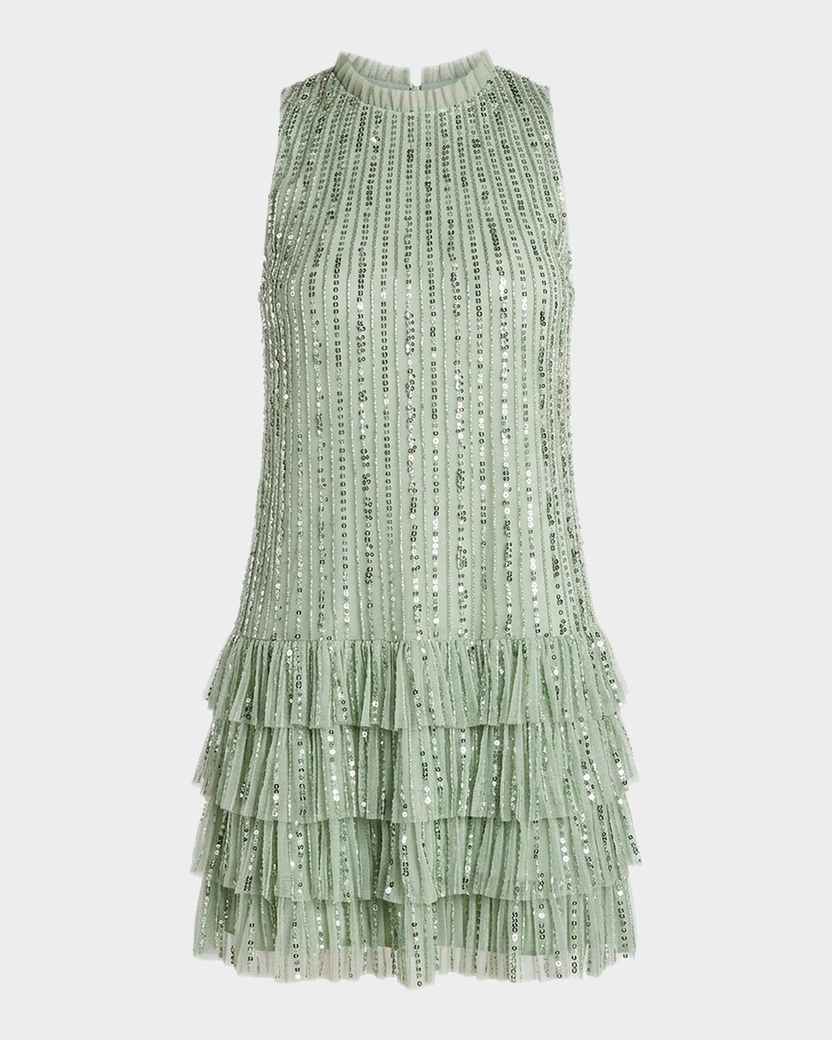 Mac Duggal - Green Striped Sequin Tiered Ruffle Mini Dress - Sage / US 12