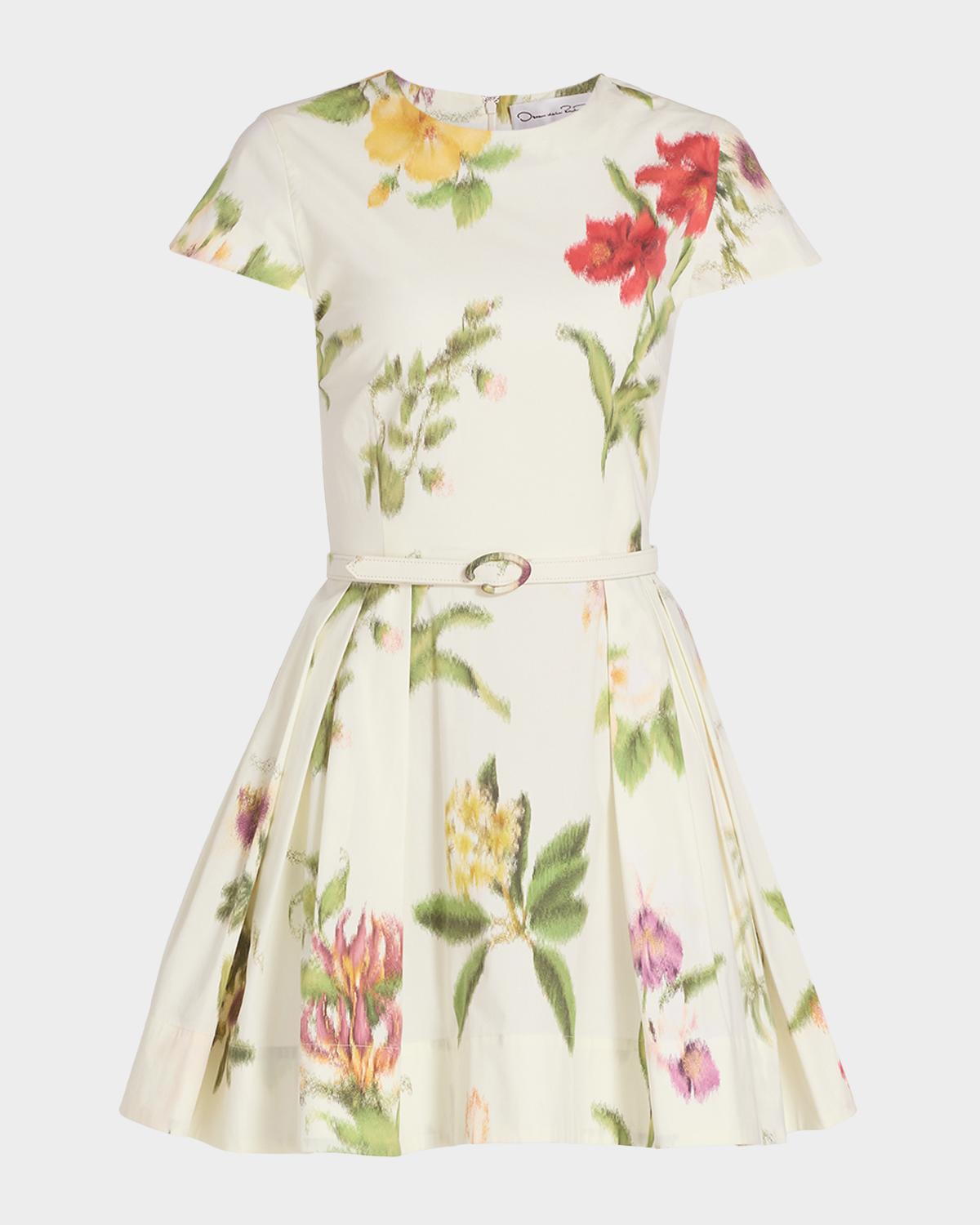 Oscar de la Renta Chine Floral-Print Poplin Short-Sleeve Belted Mini Dress