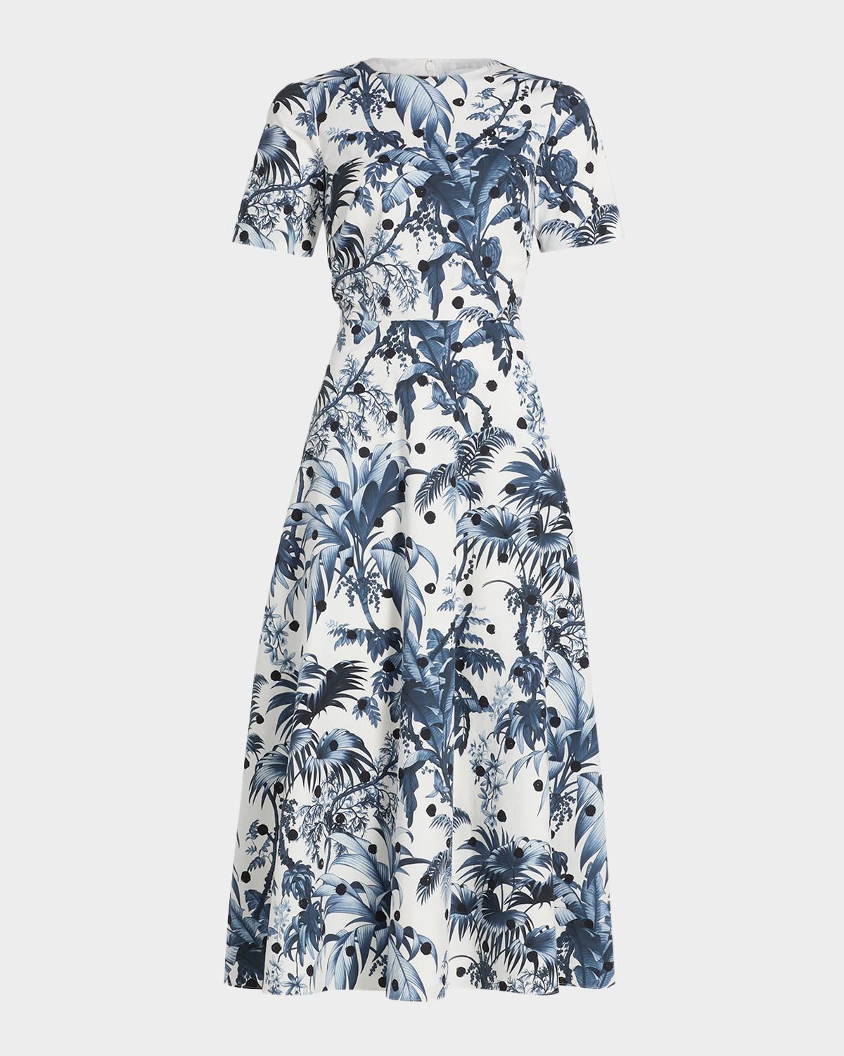 Oscar de la Renta Short-Sleeve Dotted Palm Print Poplin Midi Dress