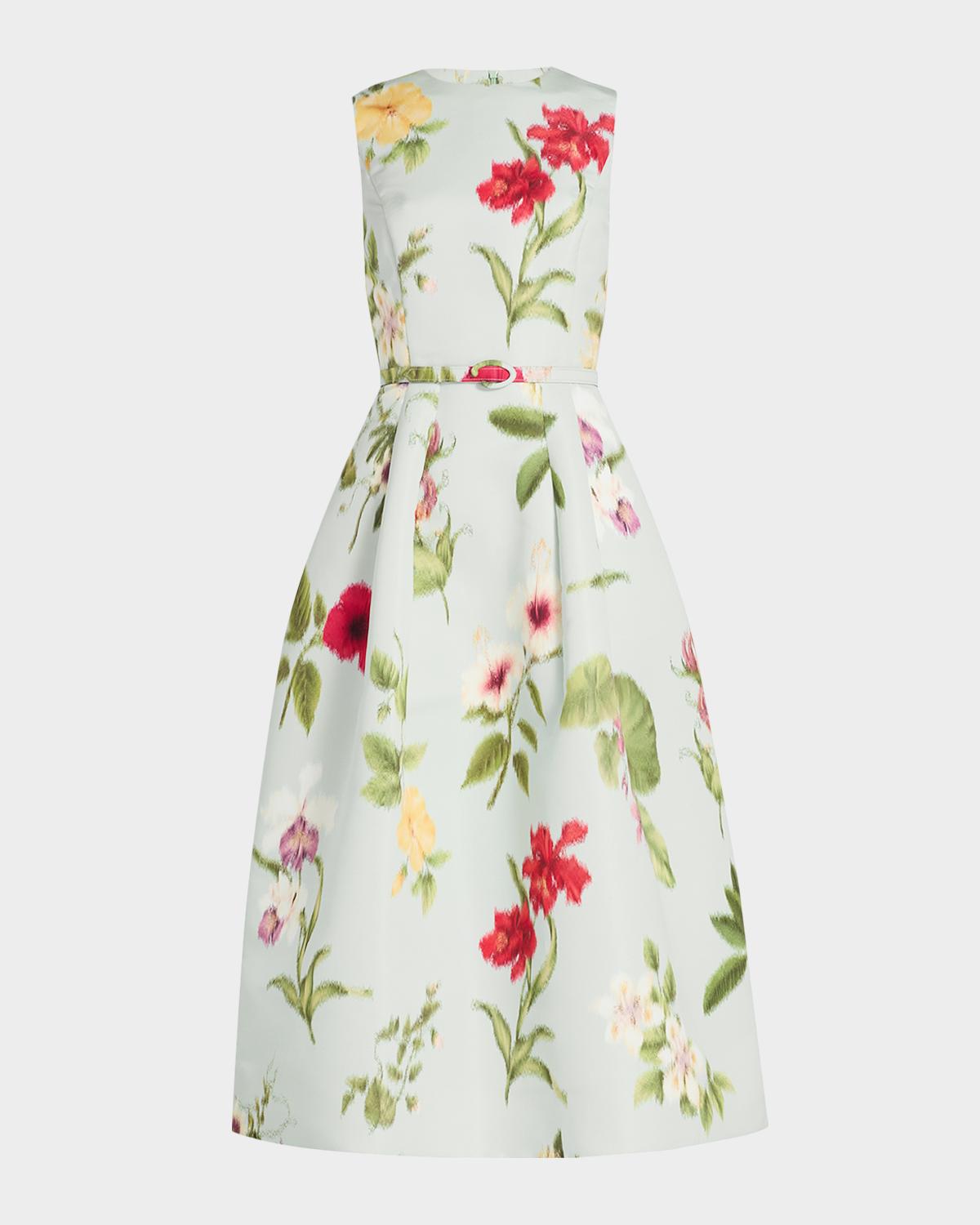 Oscar de la Renta Chine Multi Floral-Print Belted Midi Dress