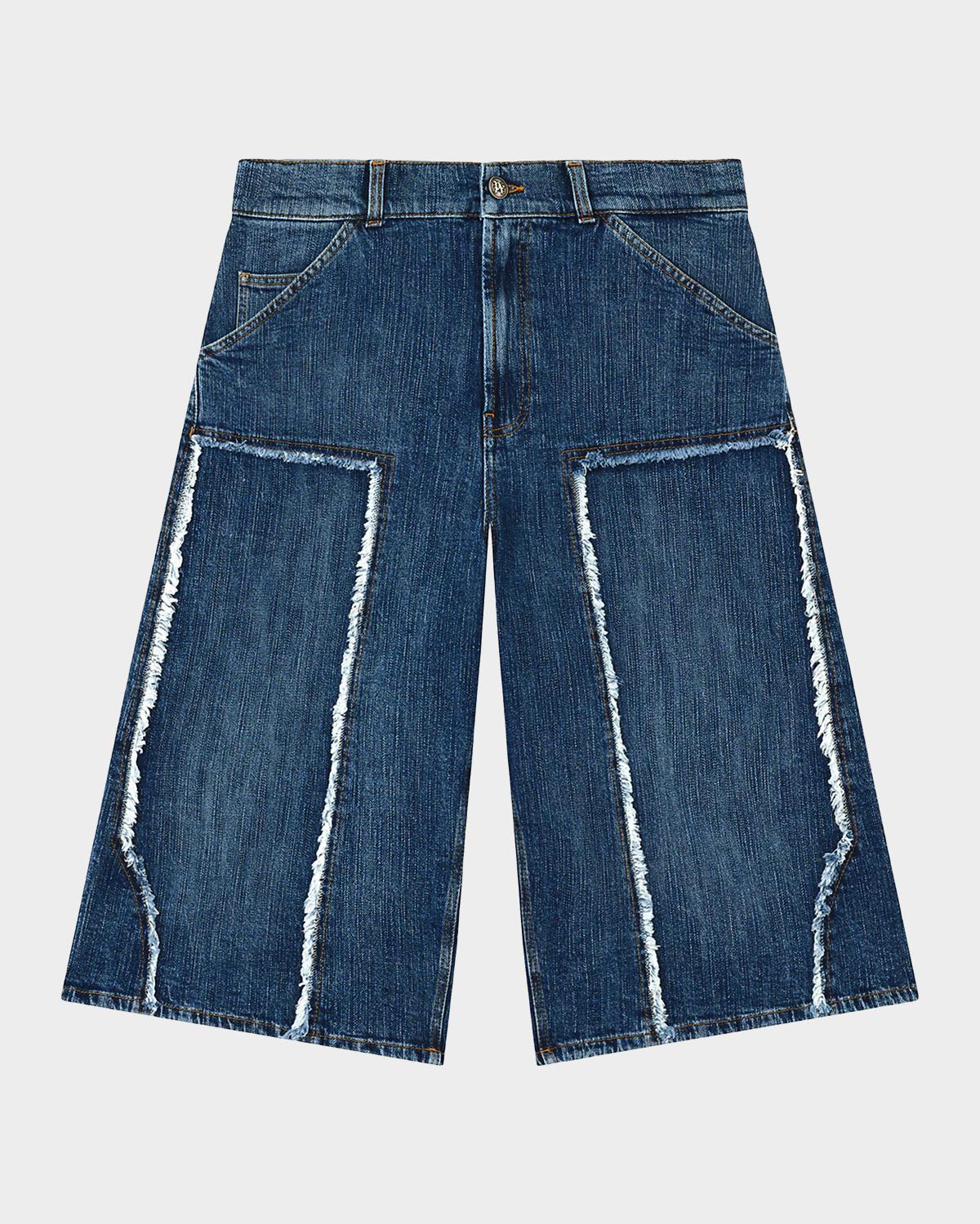 Palm Angels Men's Curved Logo Denim Skater Shorts