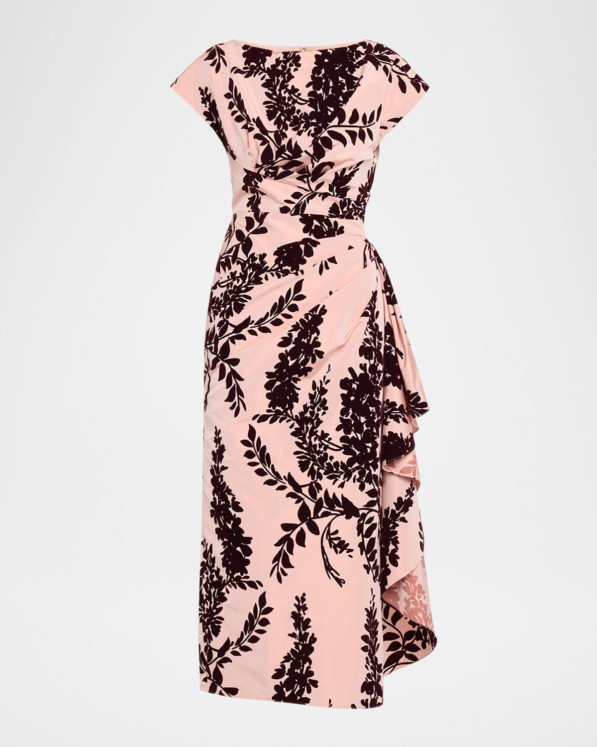 Lela Rose Flocked Taffeta Pleated Drape Midi Dress