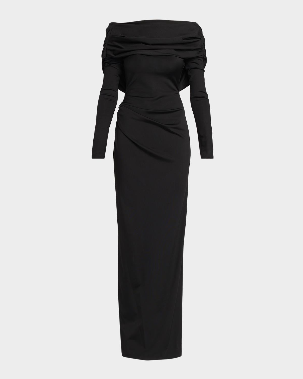 Lela Rose Off-the-shoulder Satin Jersey Draped Backless Gown In Black