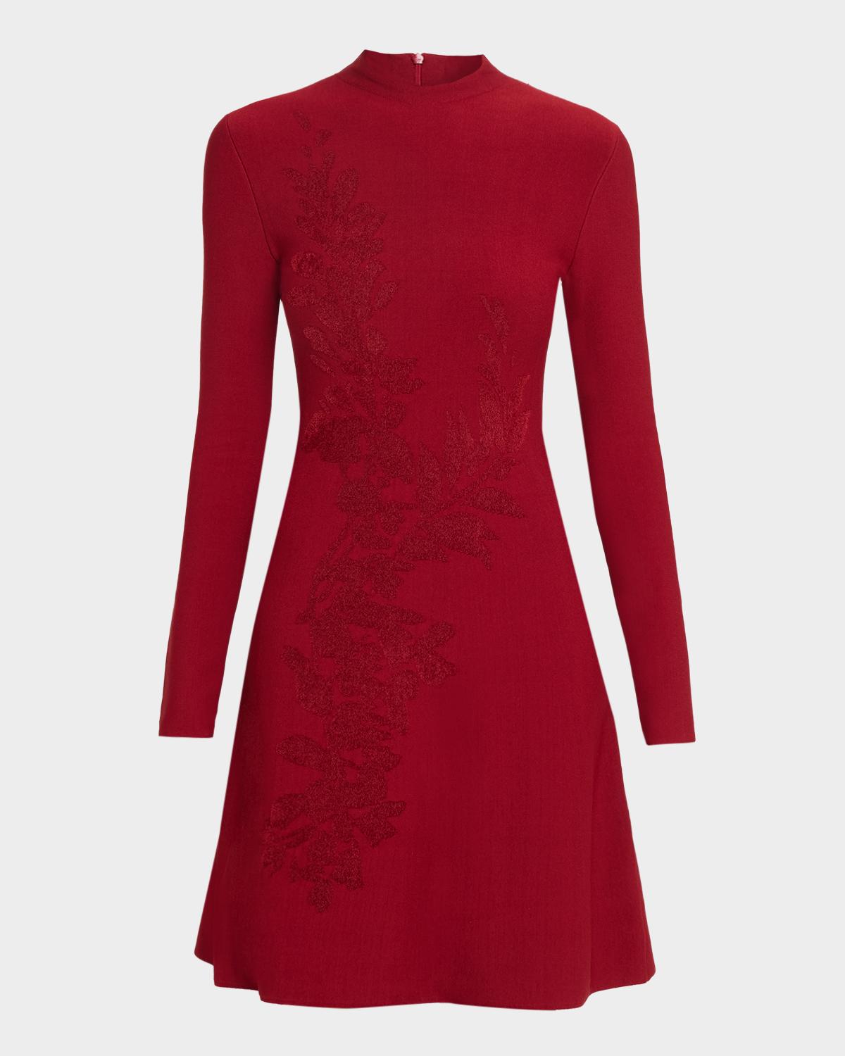 Lela Rose Floral Velvet Jacquard Long-Sleeve A-Line Dress